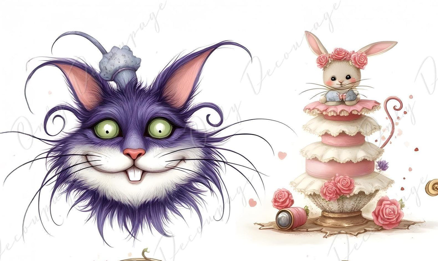 Wonderlan Alice Collage - Decoupage Paper - 6 Size Options - Tea Time- Rabbit - Cat
