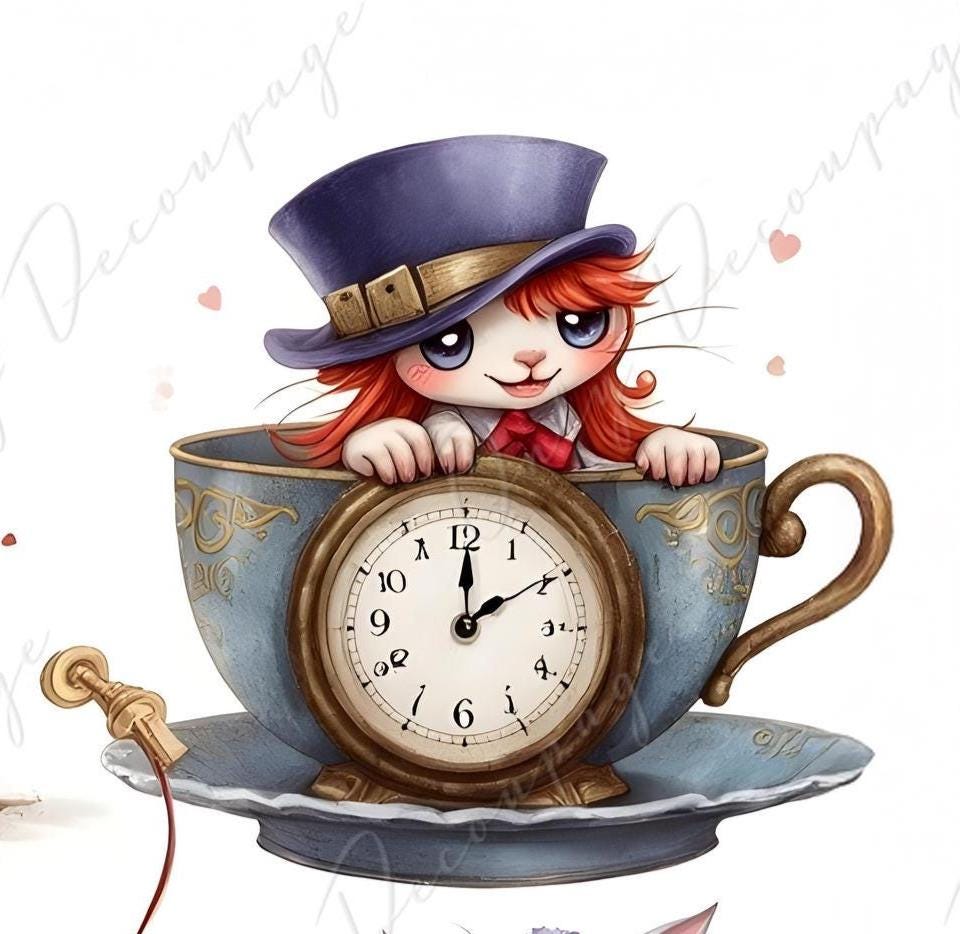 Wonderlan Alice Collage - Decoupage Paper - 6 Size Options - Tea Time- Rabbit - Cat