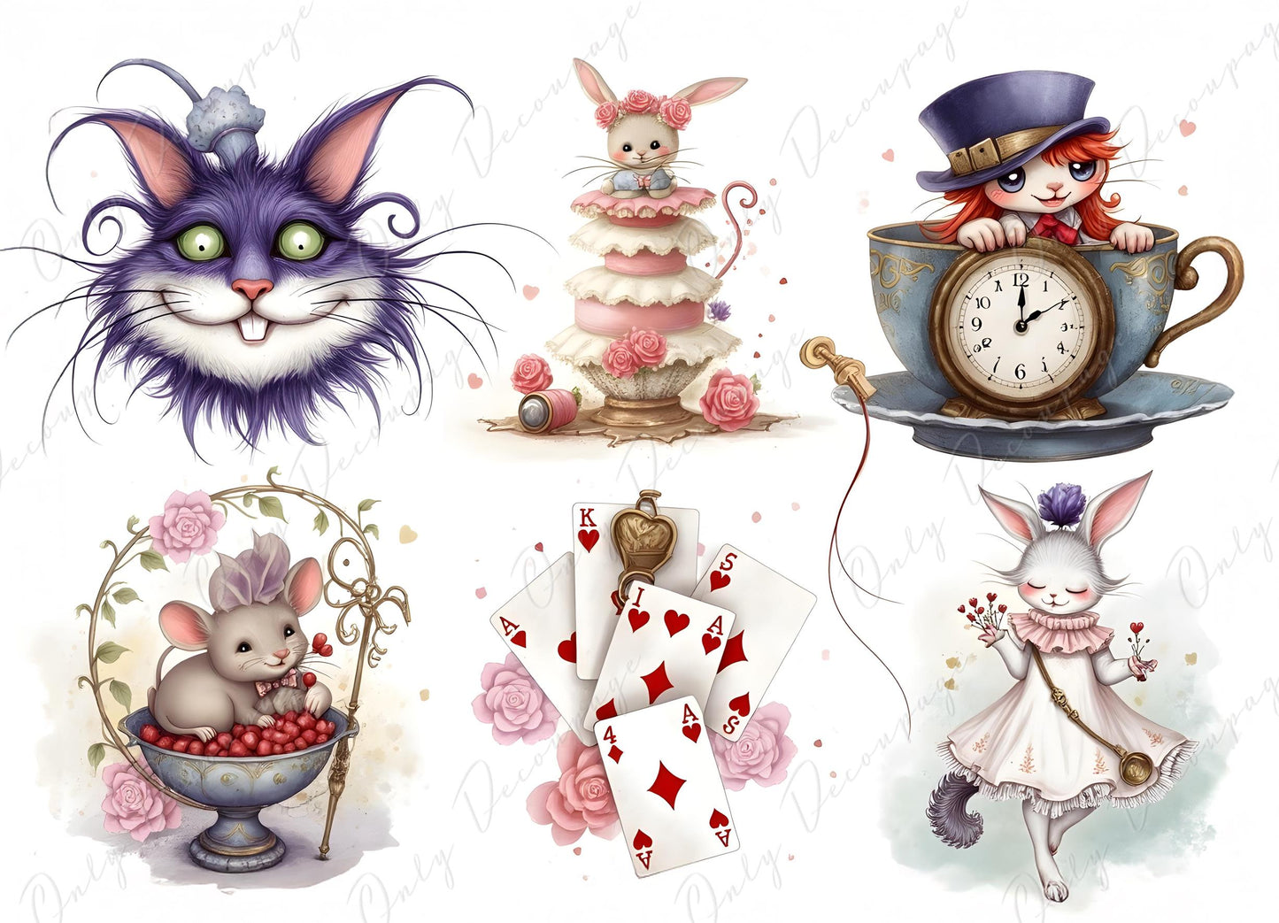 Wonderlan Alice Collage - Decoupage Paper - 6 Size Options - Tea Time- Rabbit - Cat