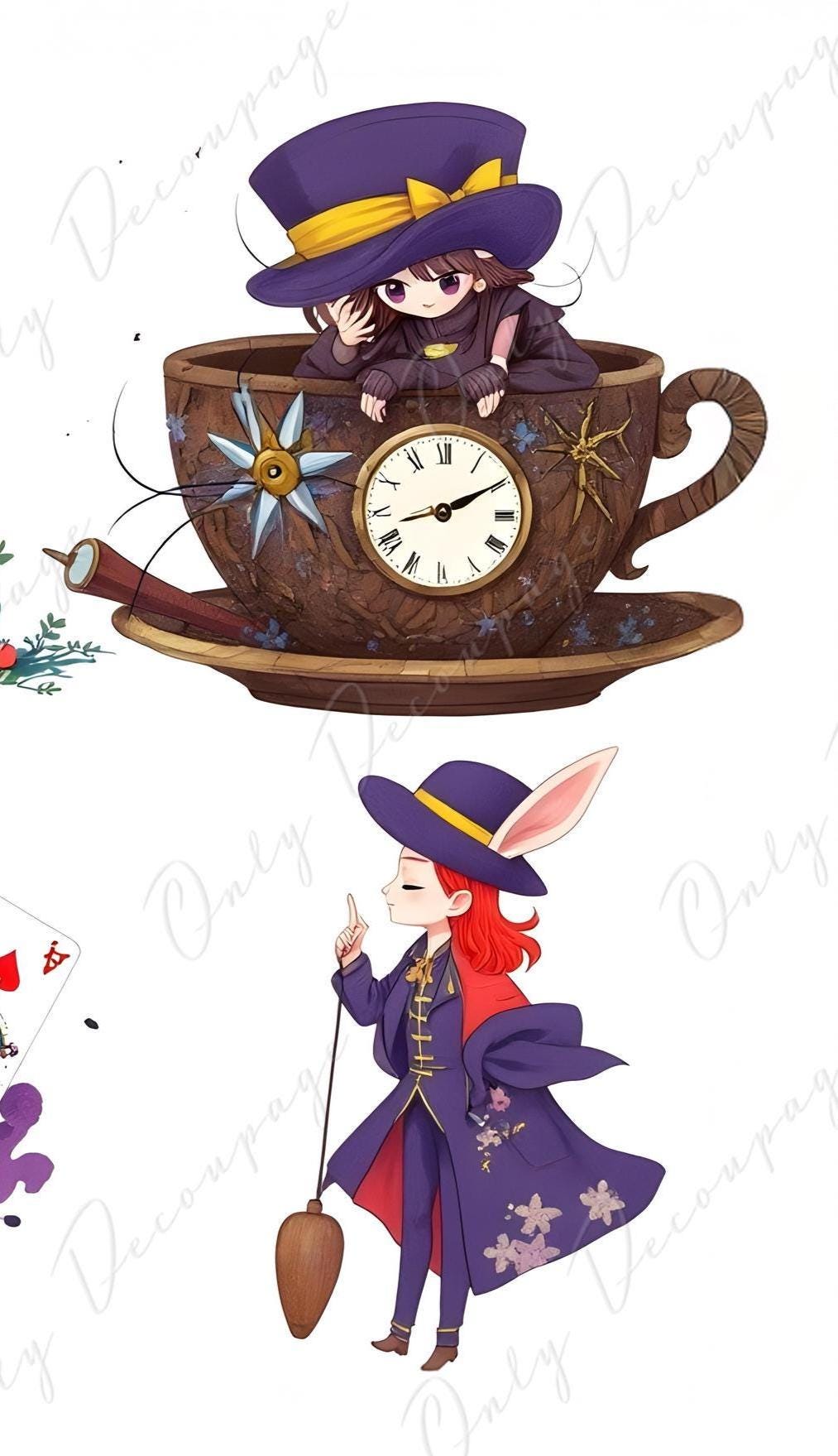 Wonderlan Alice Collage - Decoupage Paper - 6 Size Options - Tea Time- Rabbit - Cat