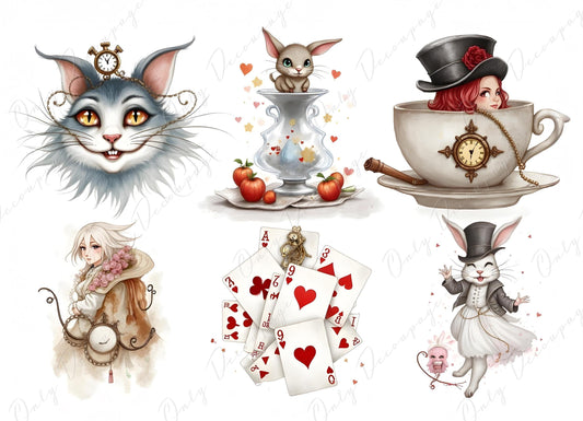 Wonderlan Alice Collage - Decoupage Paper - 6 Size Options - Tea Time - Rabbit - Cat