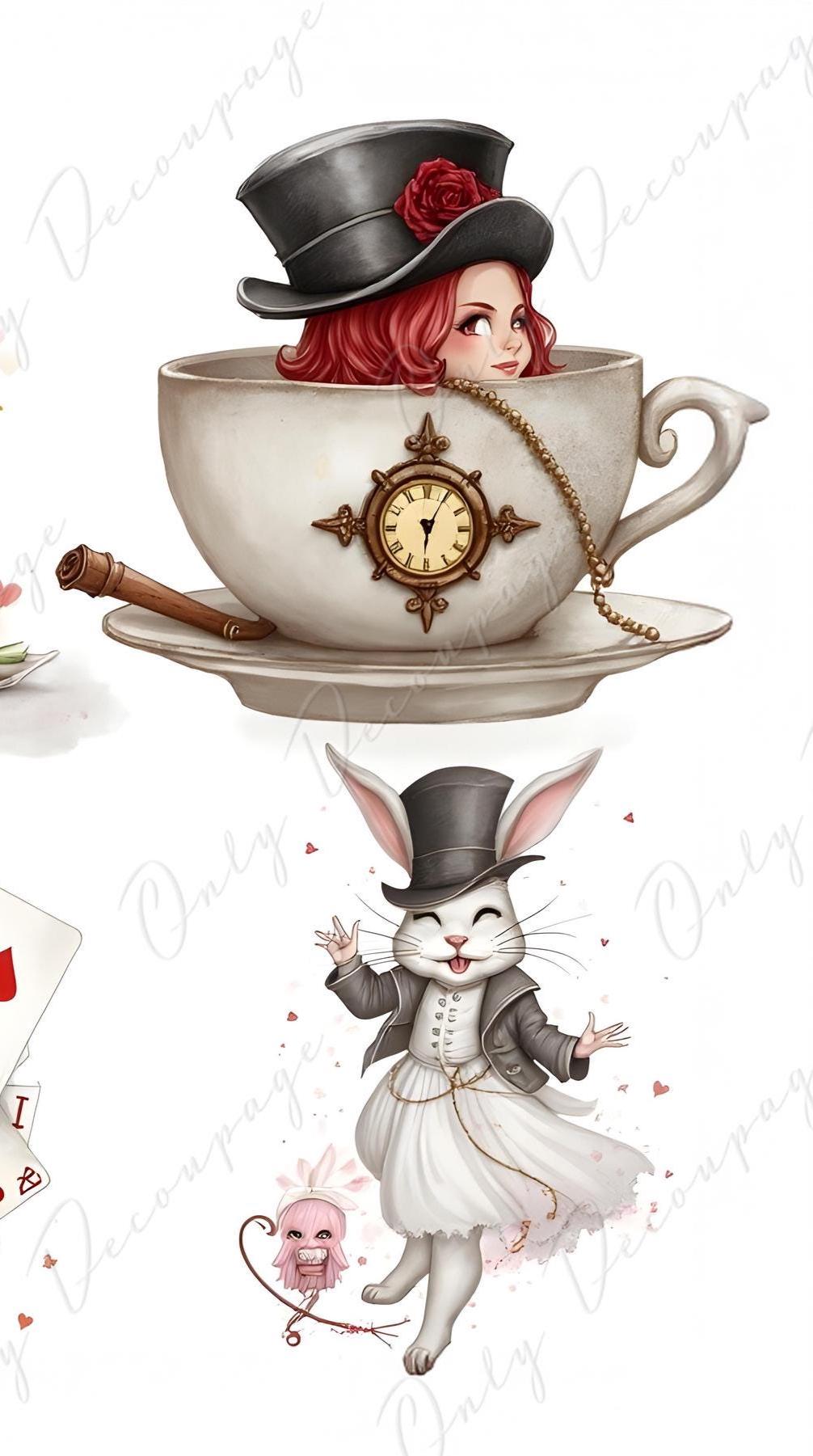 Wonderlan Alice Collage - Decoupage Paper - 6 Size Options - Tea Time - Rabbit - Cat