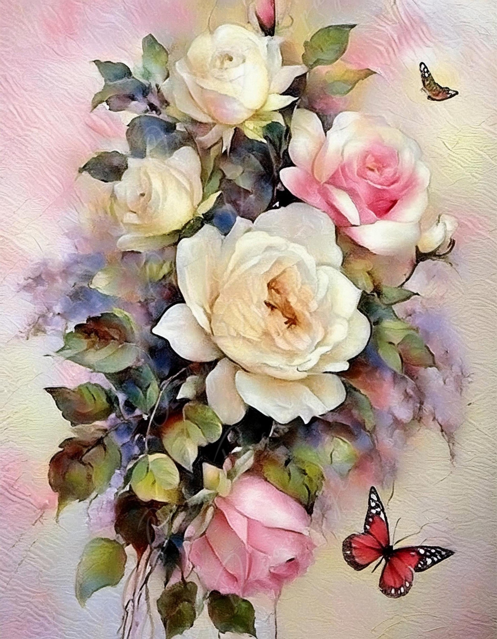 Botanical Art - 7 Size Options - Large Decoupage Paper for Furniture - Butterfly - Pastel Roses
