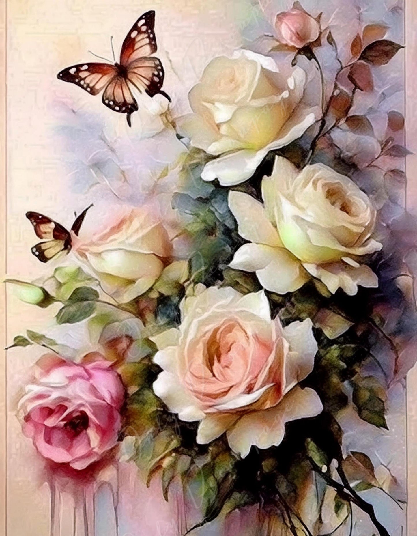 Botanical Art - 7 Size Options - Large Decoupage Paper for Furniture - Butterfly - Pastel Roses