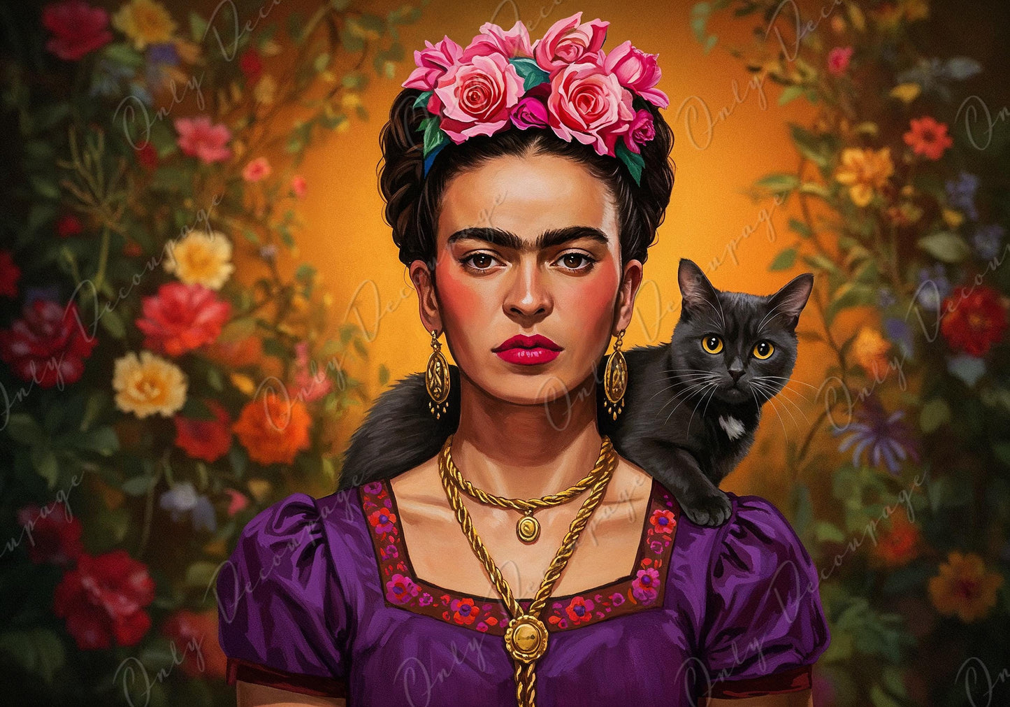 Frida Series - Large Decoupage Paper - 7 Size Options - Woman with Cat