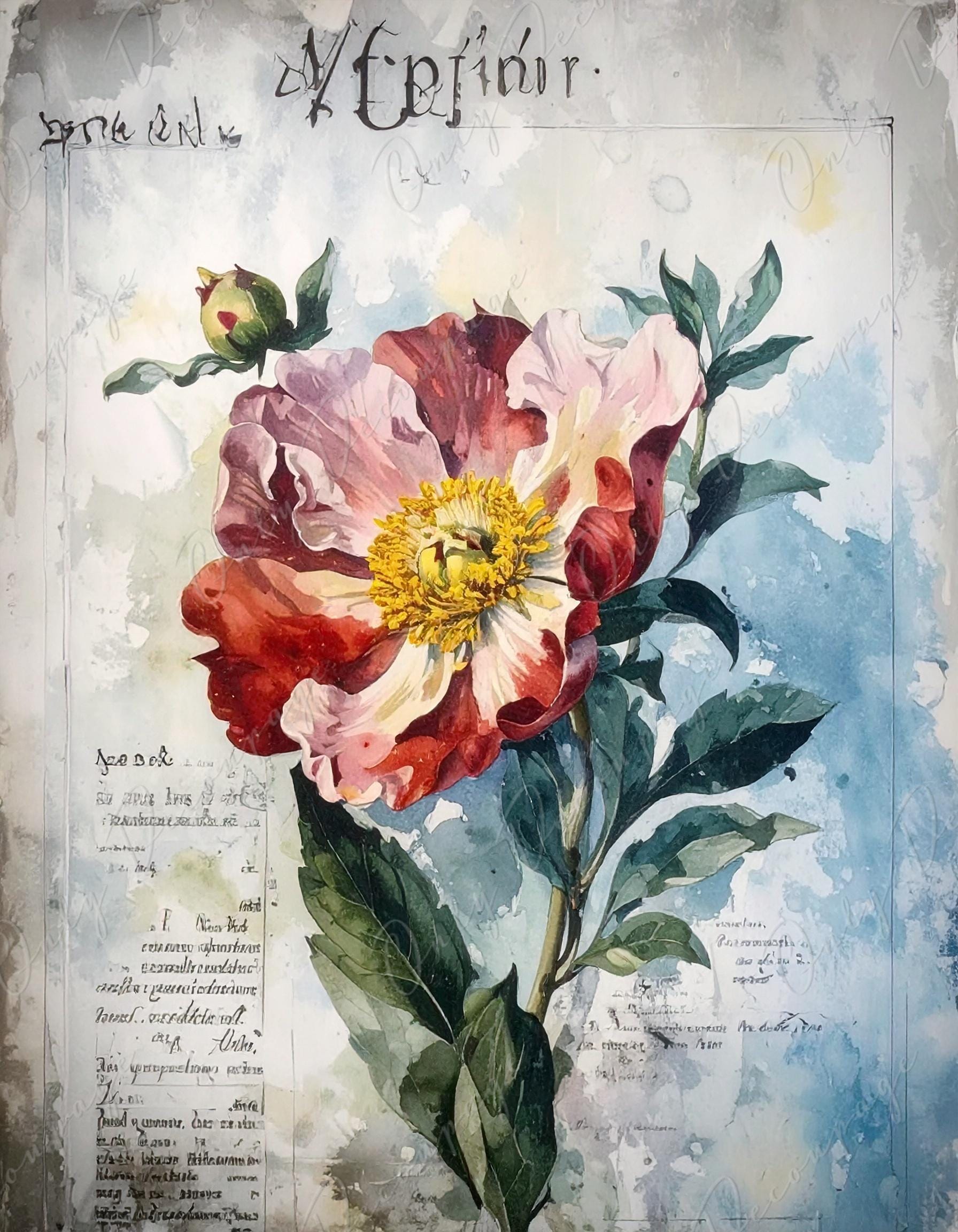 Botanical Art - 7 Size Options - Large Decoupage Paper for Furniture - Red Flower