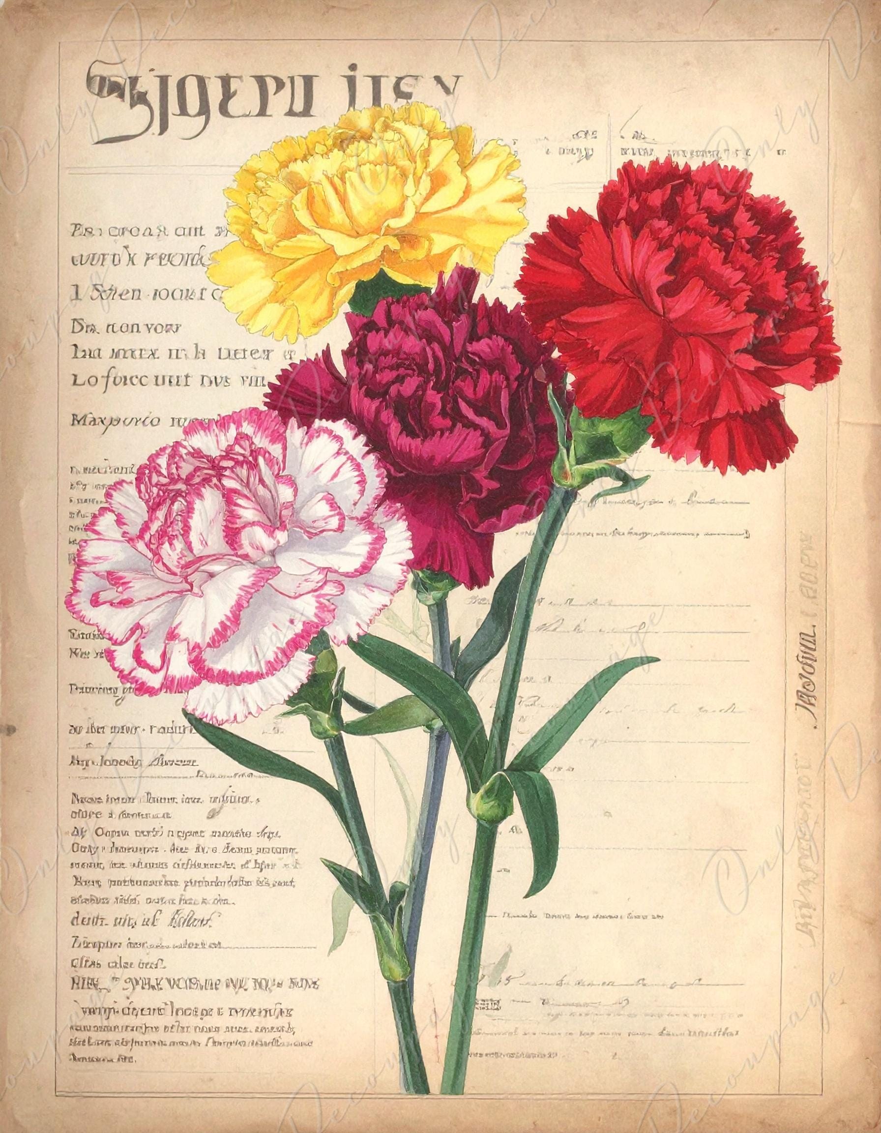 Botanical Art - 7 Size Options - Large Decoupage Paper for Furniture - Bouquet of Carnations