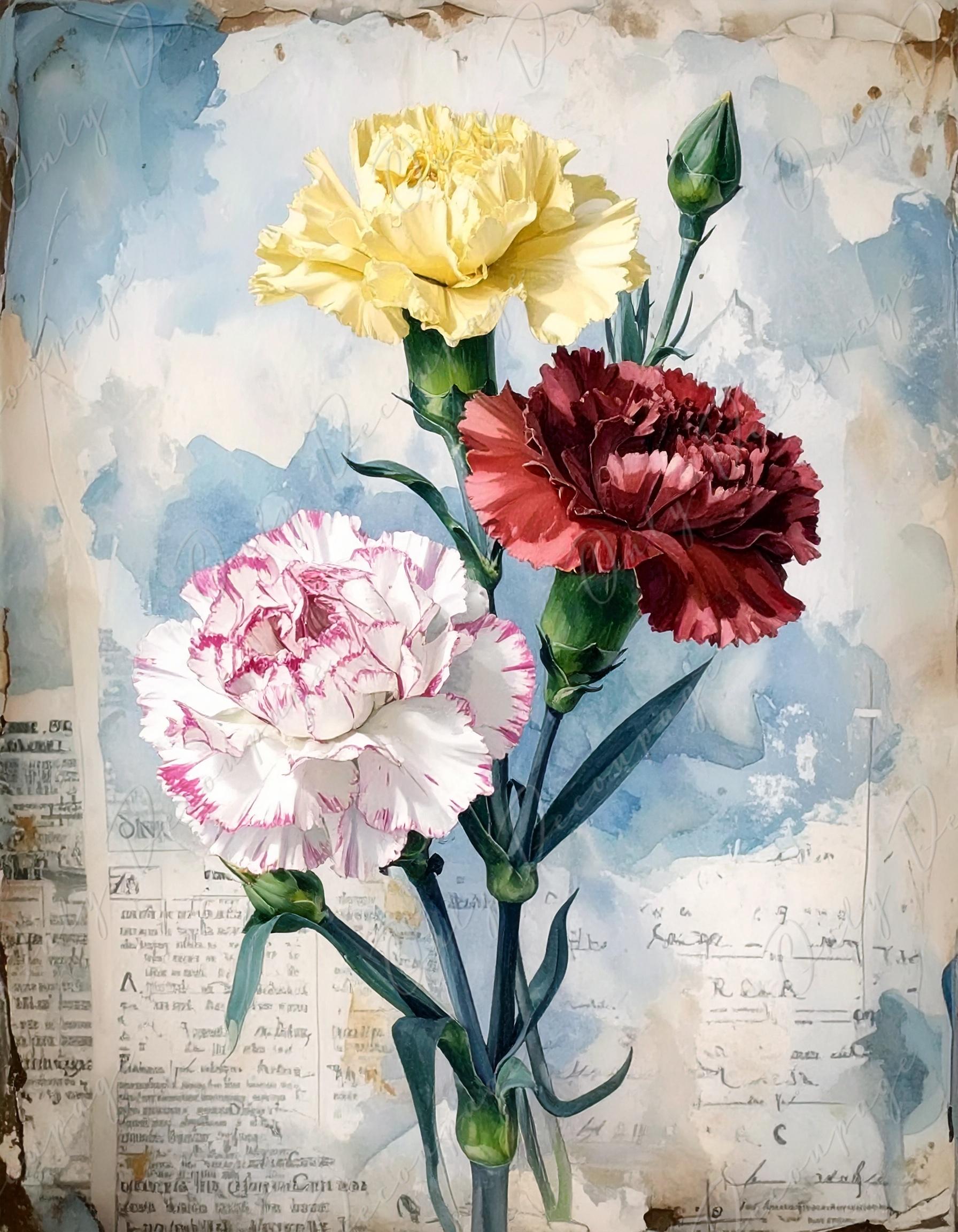 Bouquet of Carnations - 7 Size Options - Large Decoupage Paper for Furniture - Botanical Art