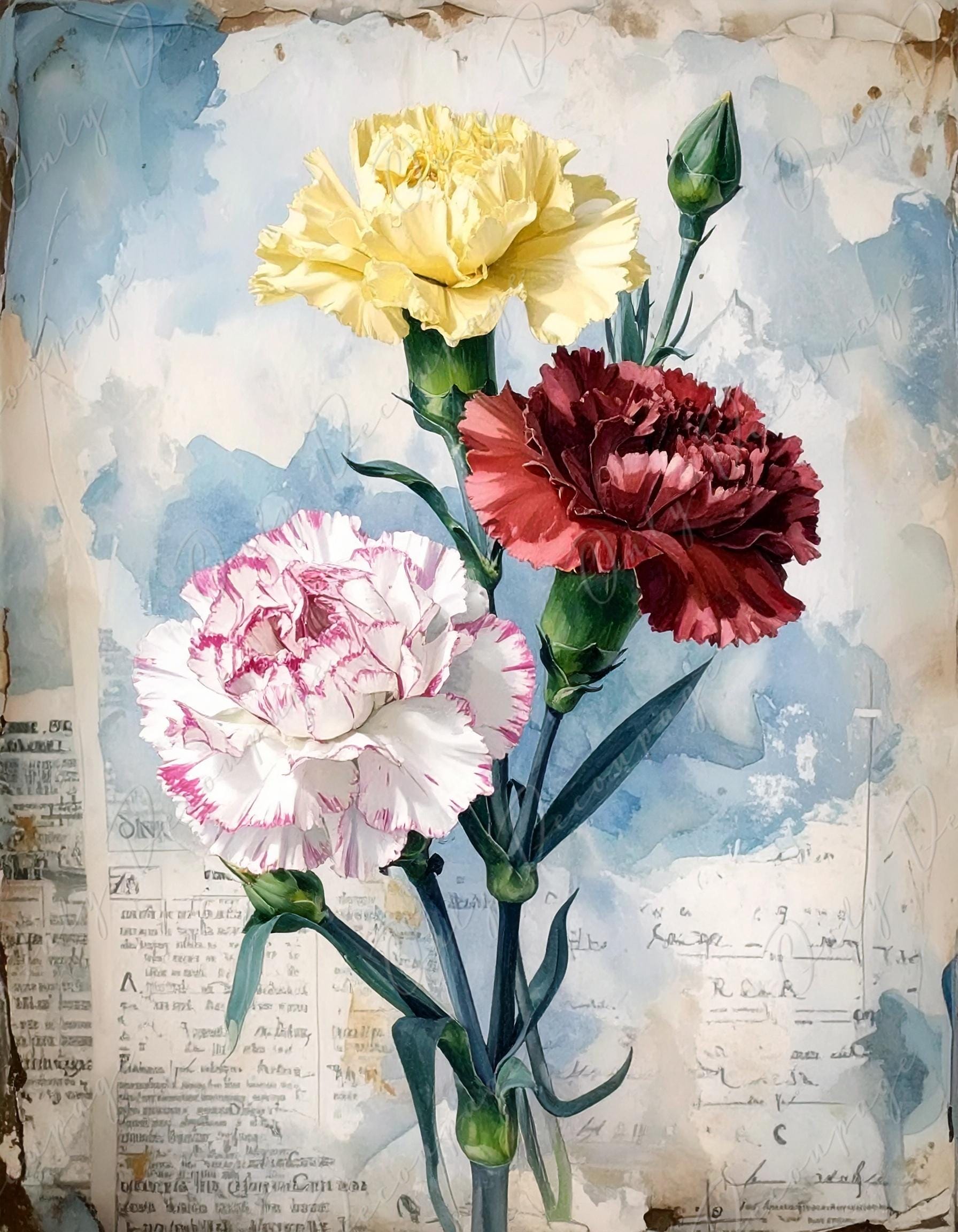 Bouquet of Carnations - 7 Size Options - Large Decoupage Paper for Furniture - Botanical Art