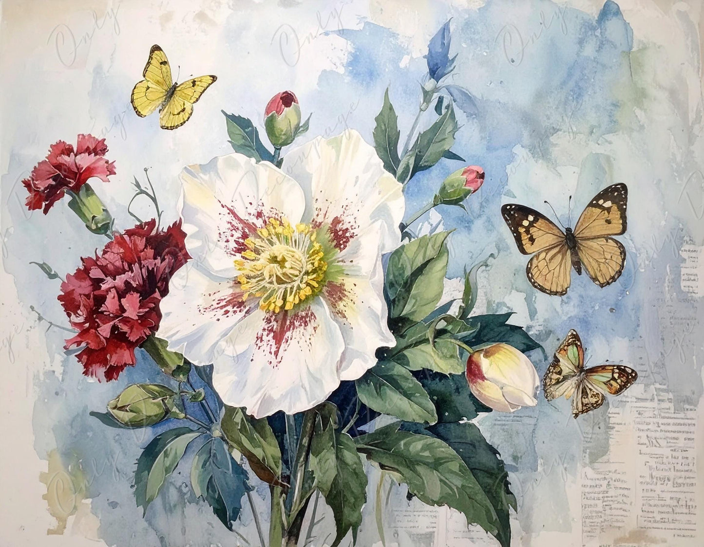 Botanical Art - 7 Size Options - Large Decoupage Paper for Furniture - Butterfly