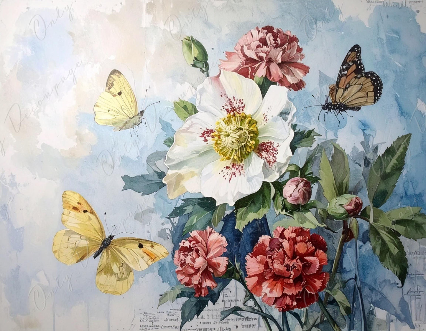Botanical Art - 7 Size Options - Large Decoupage Paper for Furniture - Butterfly