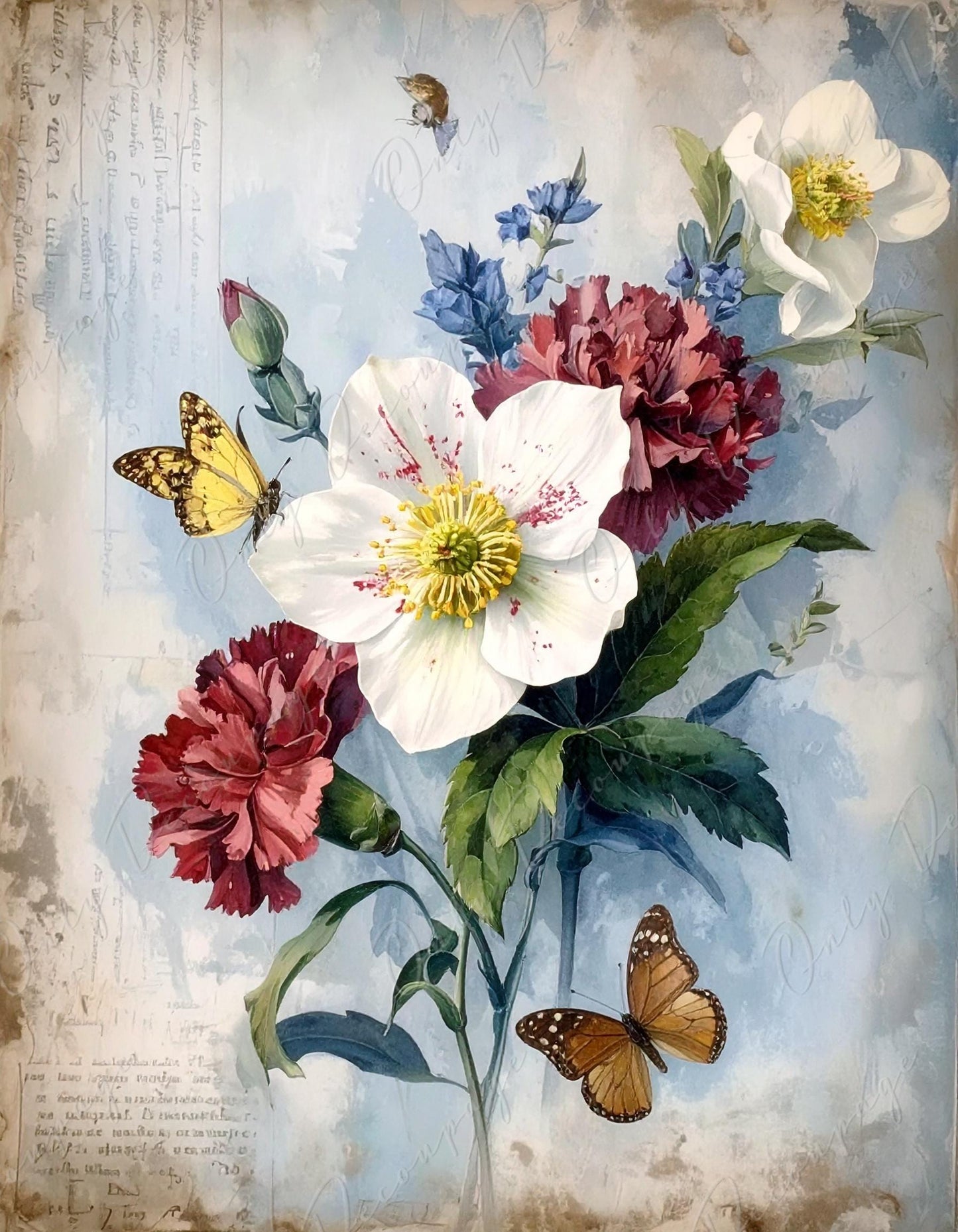 Botanical Art - 7 Size Options - Large Decoupage Paper for Furniture - Butterfly