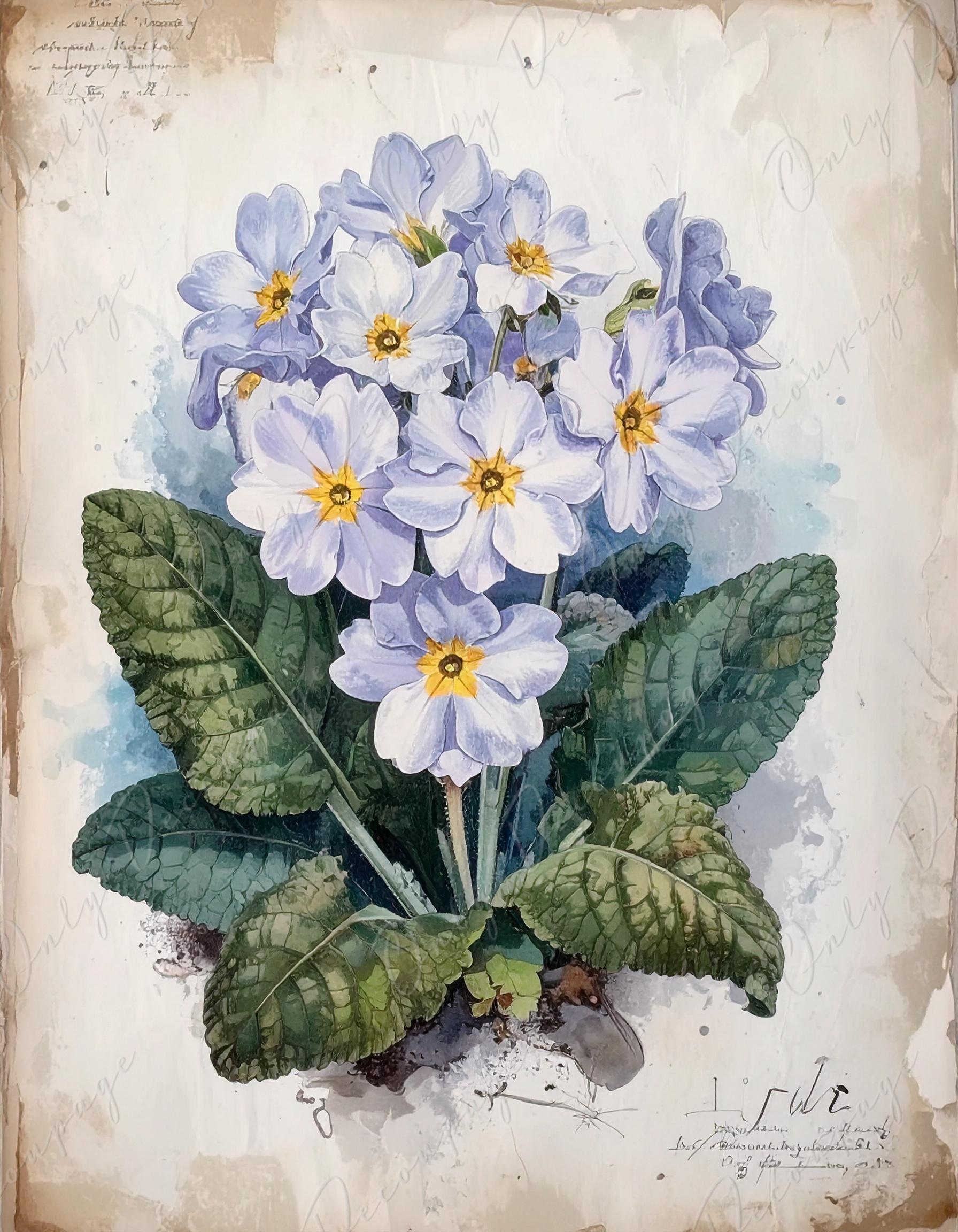 Primrose - Botanical Art - 7 Size Options - Large Decoupage Paper for Furniture - Antique Floral Illustration