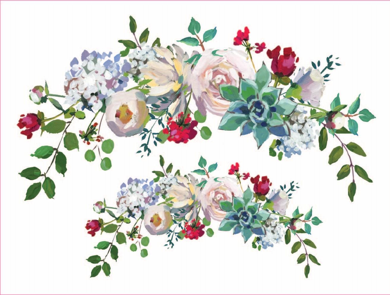 Watercolor Flowers - Furniture Transfer - Easy Decor Transfer - Furniture Upcycling - Green - Red