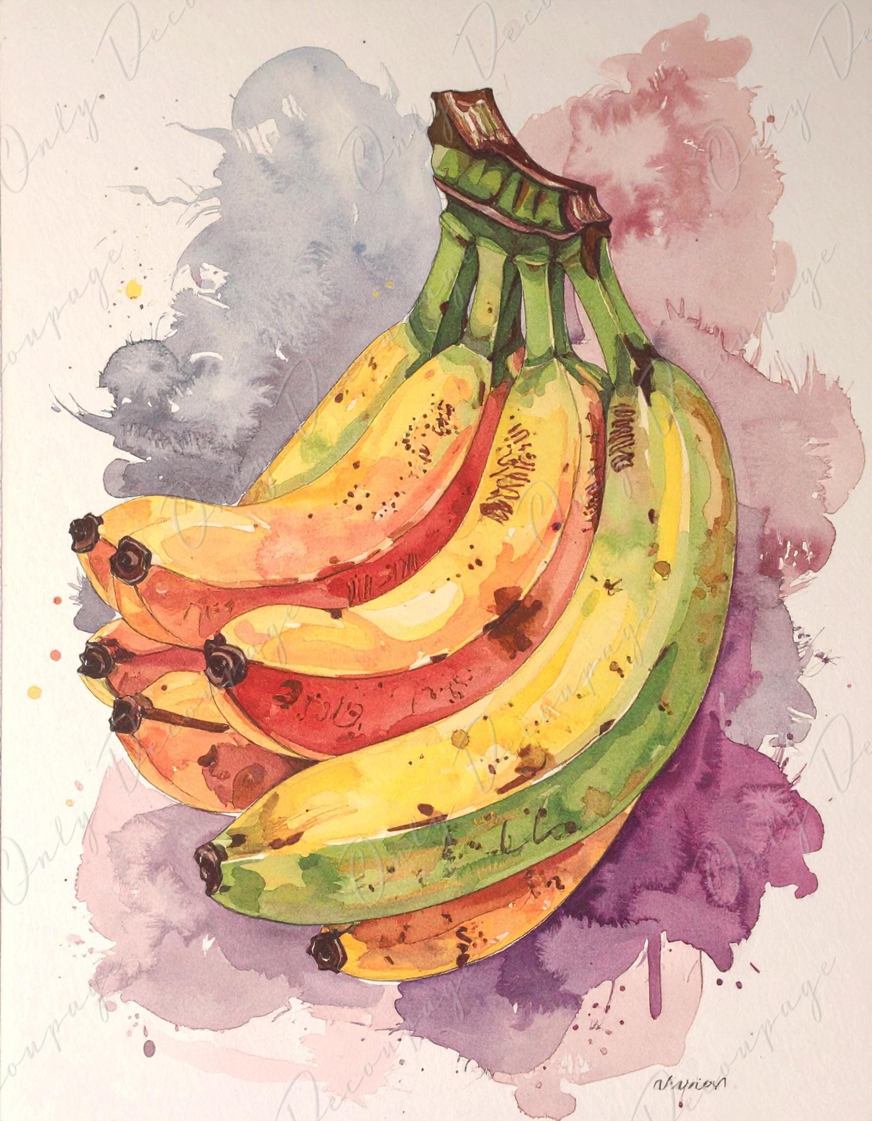 Botanical Art - 7 Size Options - Large Decoupage Paper for Furniture - Floral Decoupage - Watercolor Bananas