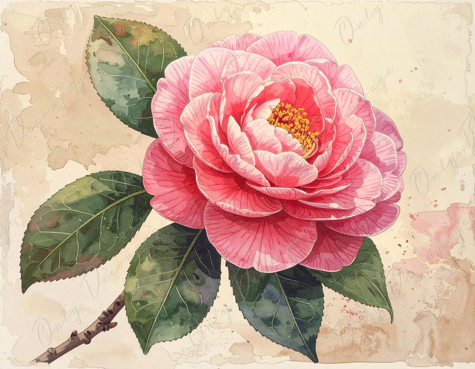 Pink Camellia - Decoupage Paper for Furniture - 7 Size Options - Botanical Art