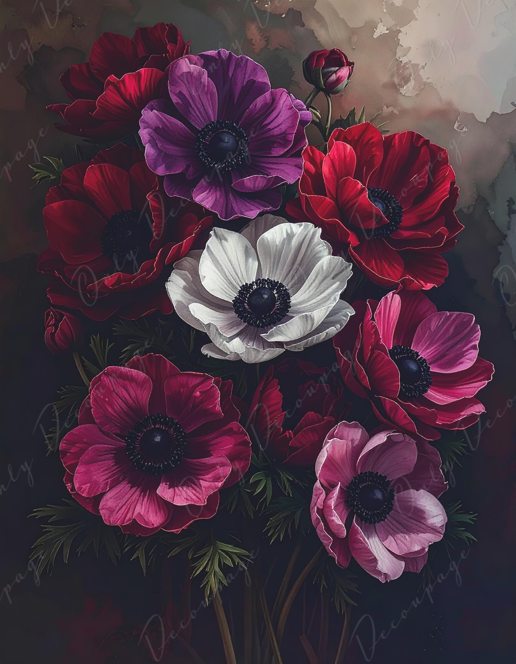 Dark Floral Decoupage Paper - Red & Purple Flowers, 7 Sizes