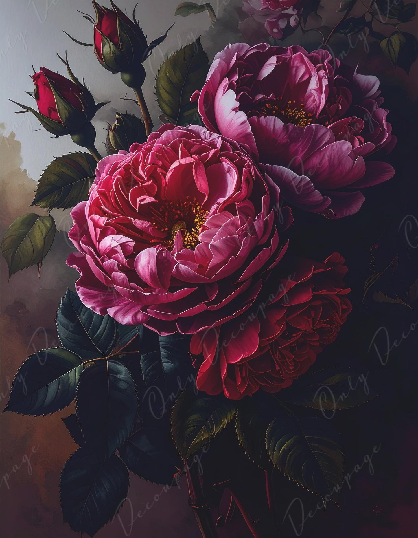 Large Decoupage Paper for Furniture - 7 Size Options - Chiaroscuro - Crimson - Roses