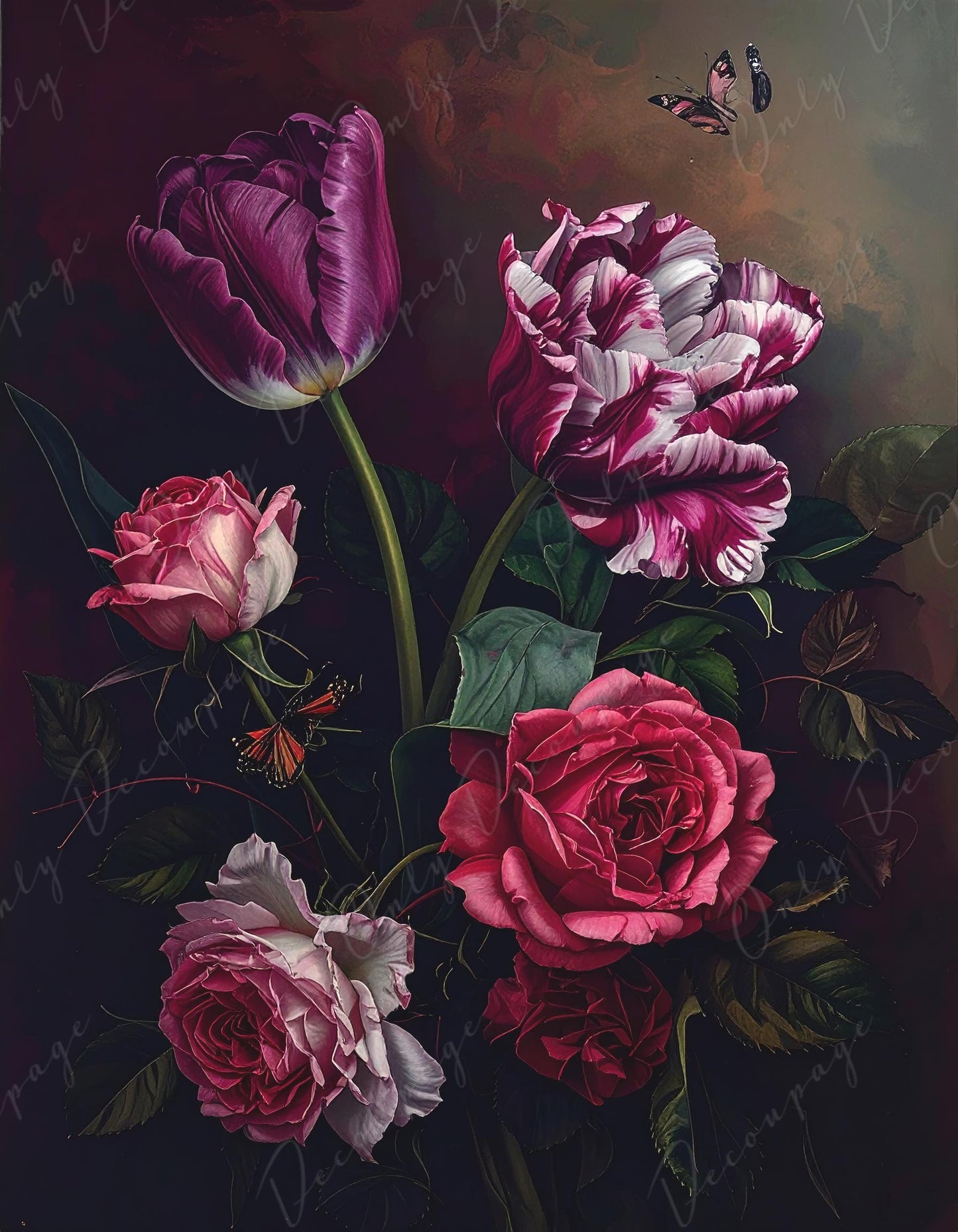 Large Decoupage Paper for Furniture - 7 Size Options - Chiaroscuro - Crimson Flowers