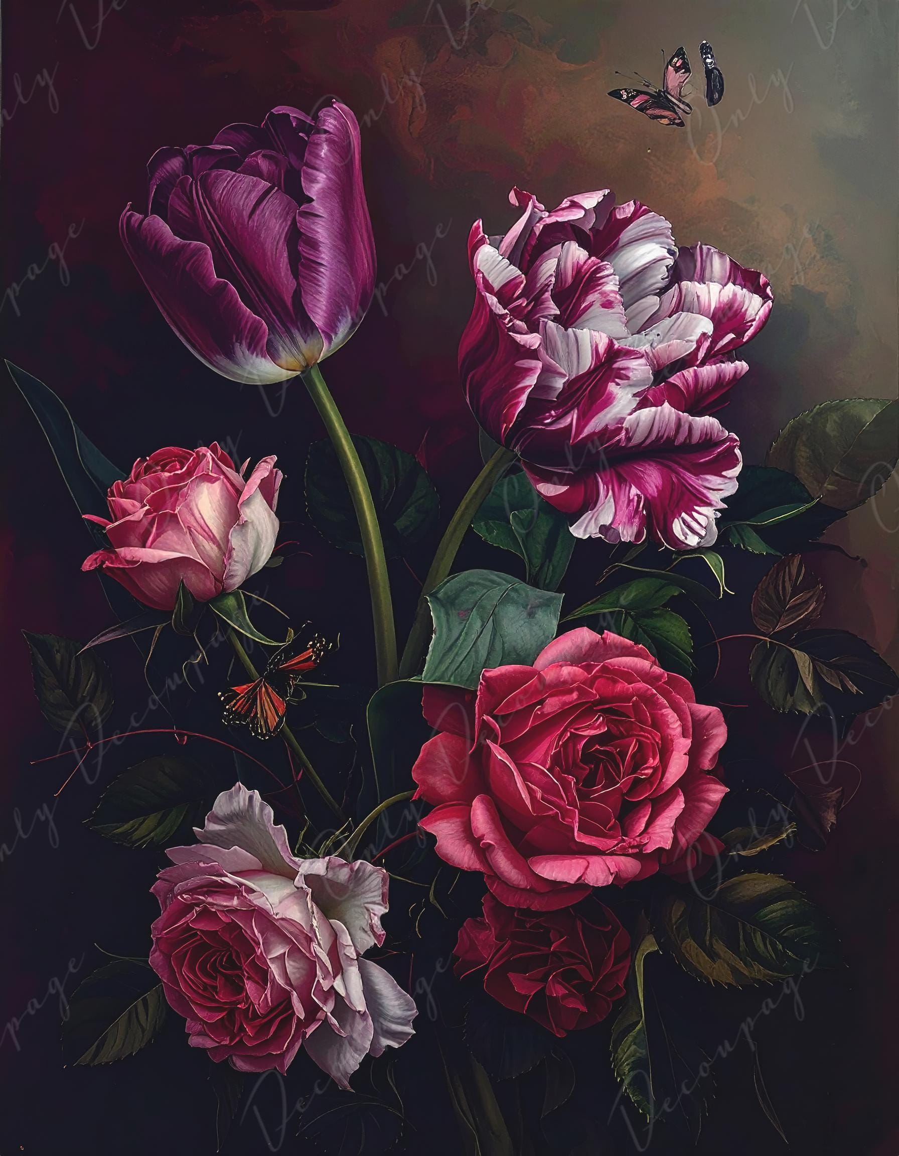 Large Decoupage Paper for Furniture - 7 Size Options - Chiaroscuro - Crimson Flowers