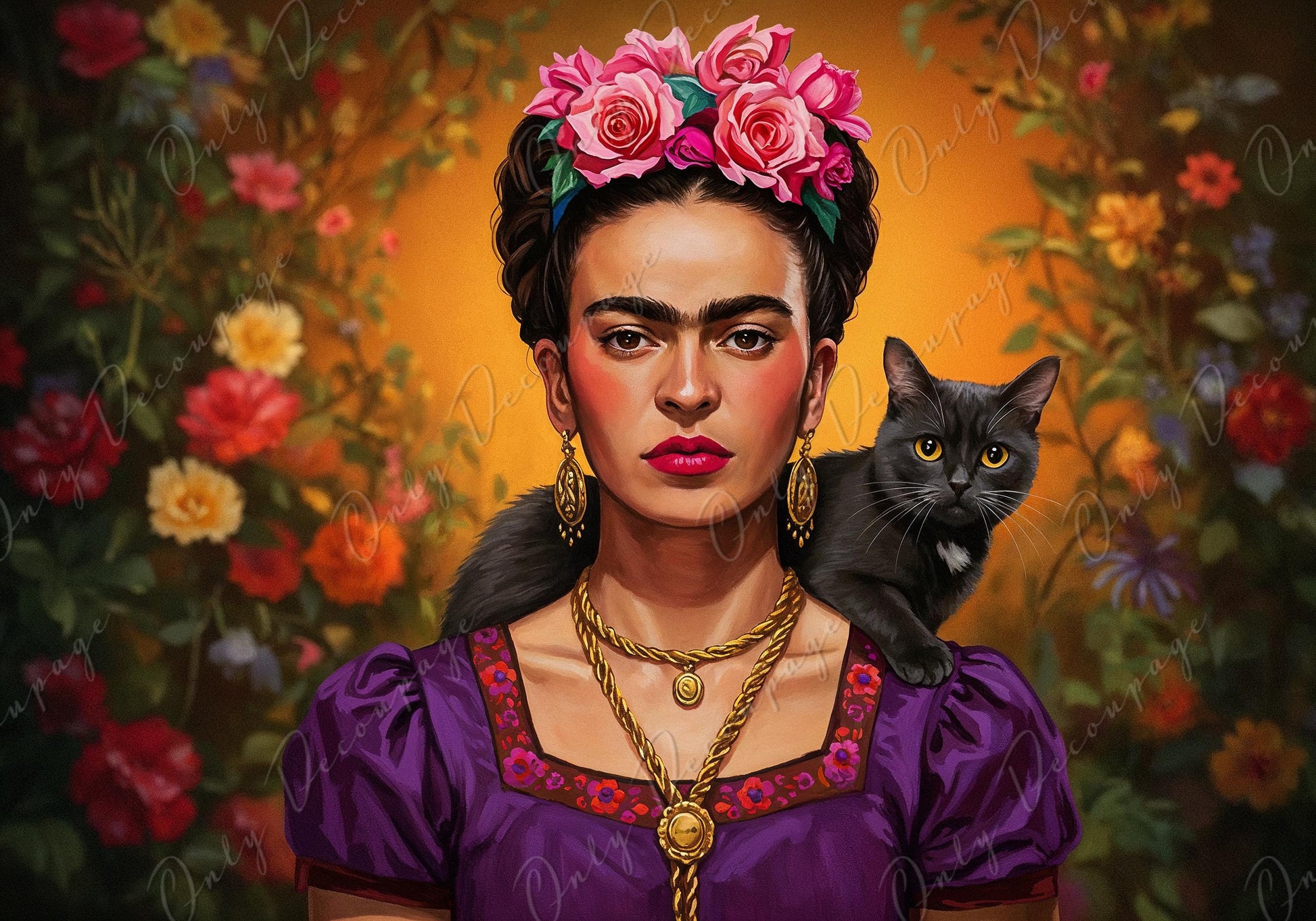 Frida Series - Large Decoupage Paper - 7 Size Options - Woman with Cat