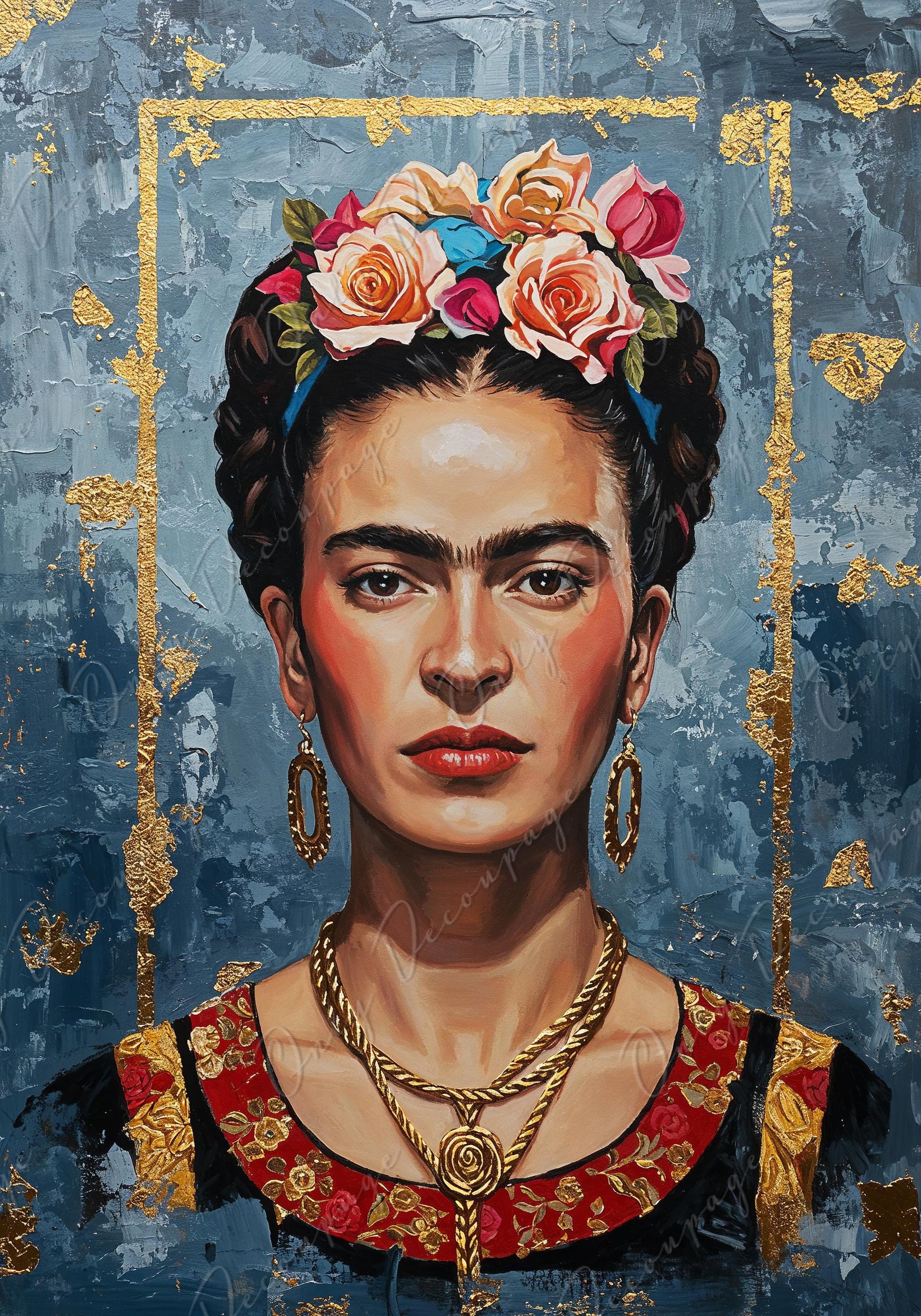 Large Decoupage Paper - Frida Series - 7 Size Options - Blue & Gold