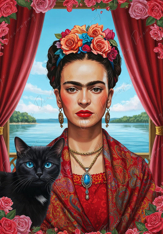 Large Decoupage Paper for Furniture - Frida Series - 7 Size Options - Red Roses - Black Cat
