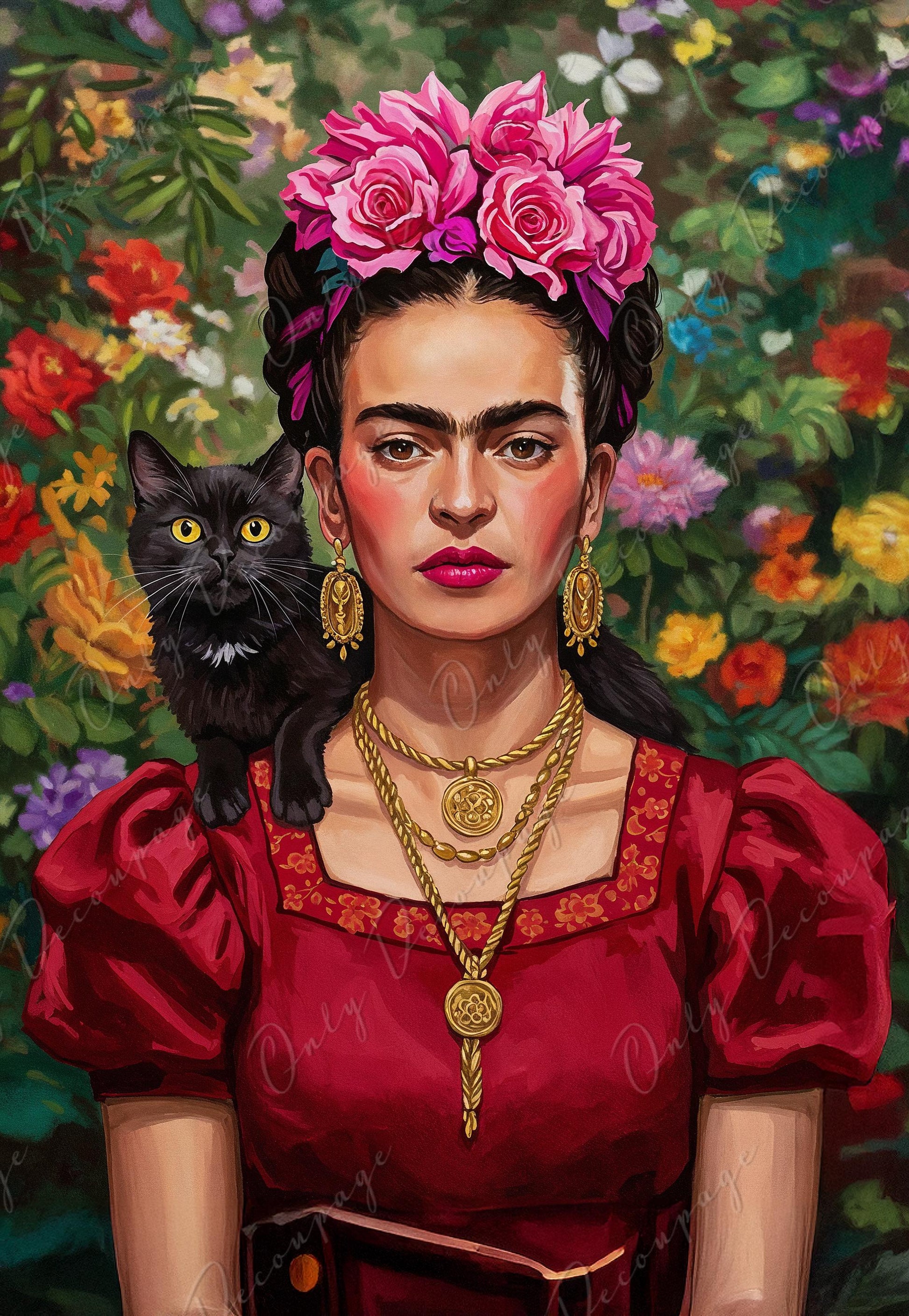 Frida Series - Furniture Decoupage Paper - 7 Size Options - Black Cat - Floral