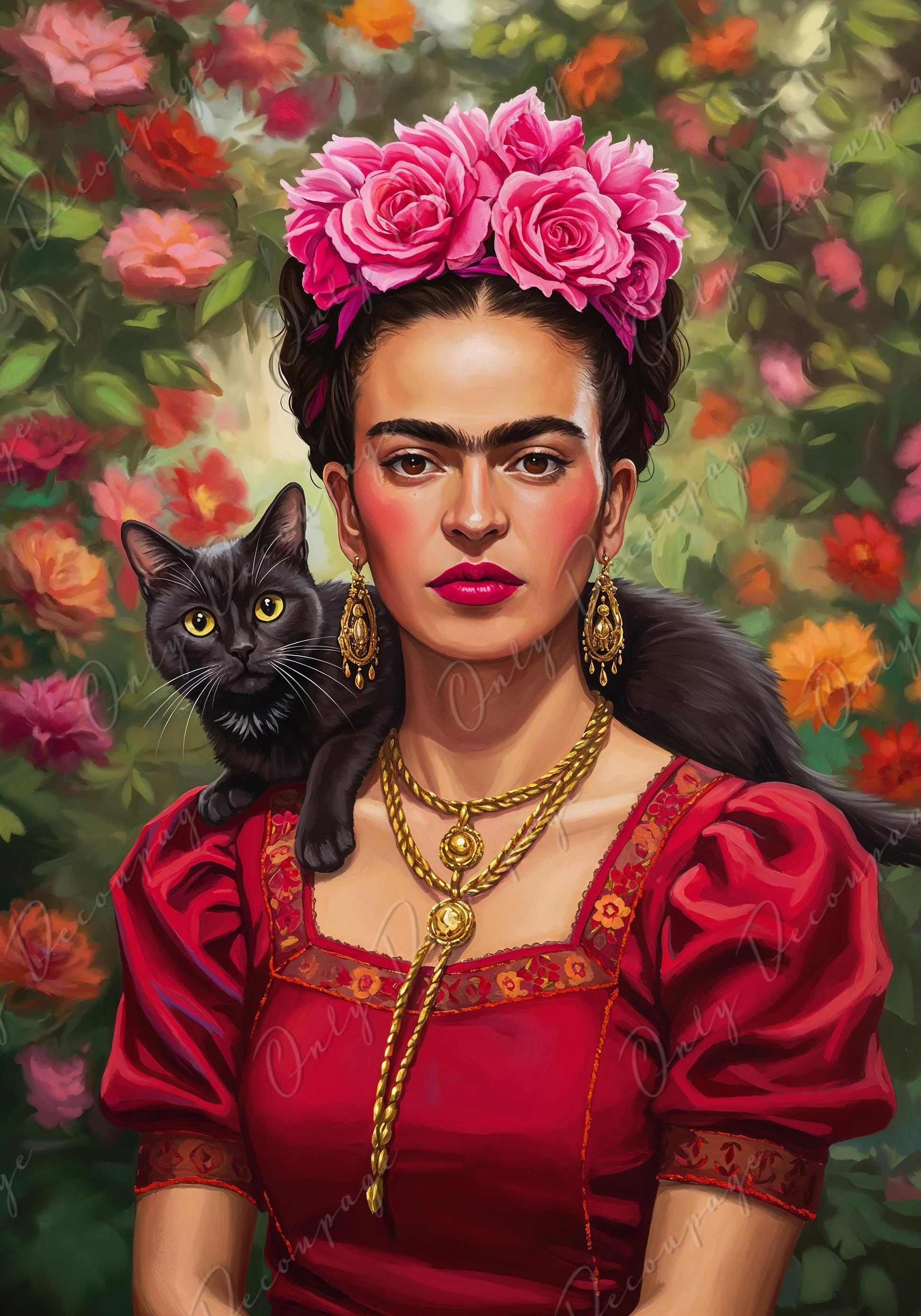 Large Decoupage Paper - Frida Series - 7 Size Options - Black Cat - Floral