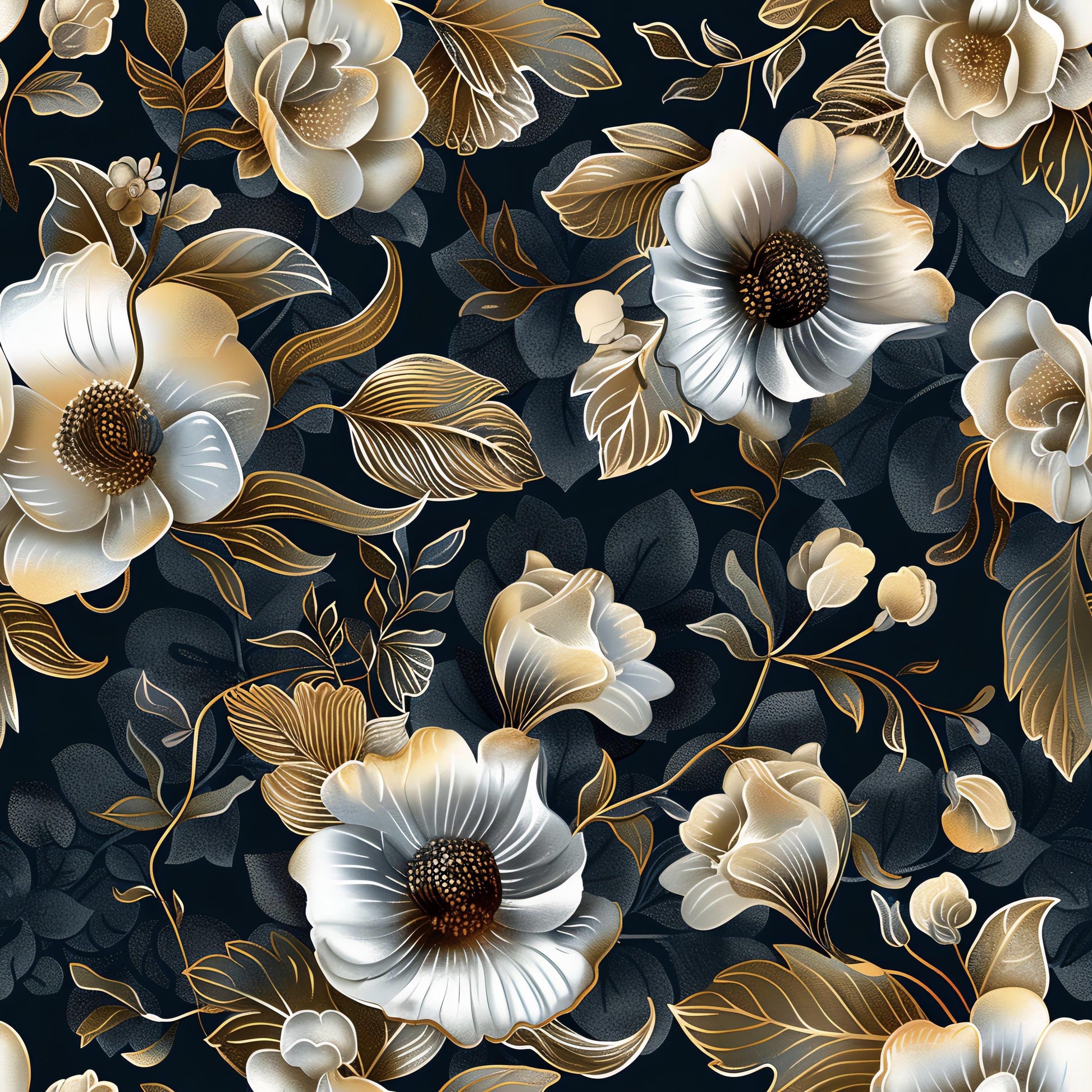 Floral Decoupage Paper - Repeating Pattern - 6 Size Options - Goldish White Black