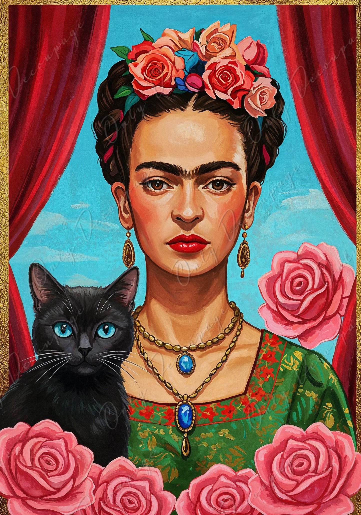 Large Decoupage Paper - Frida Series - 7 Size Options - Roses - Black Cat