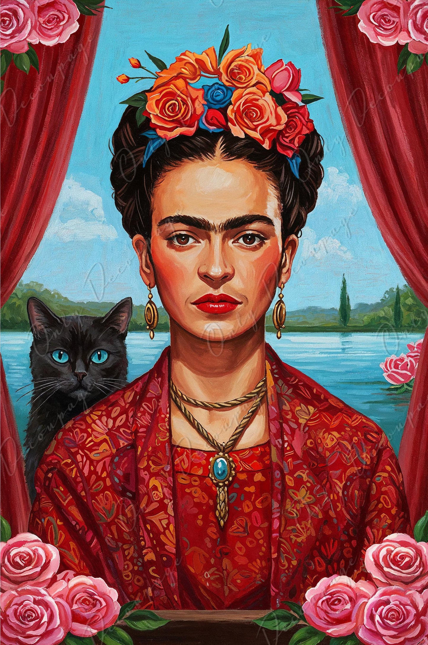 Large Decoupage Paper for Furniture - Frida Series - 7 Size Options - Roses - Black Cat