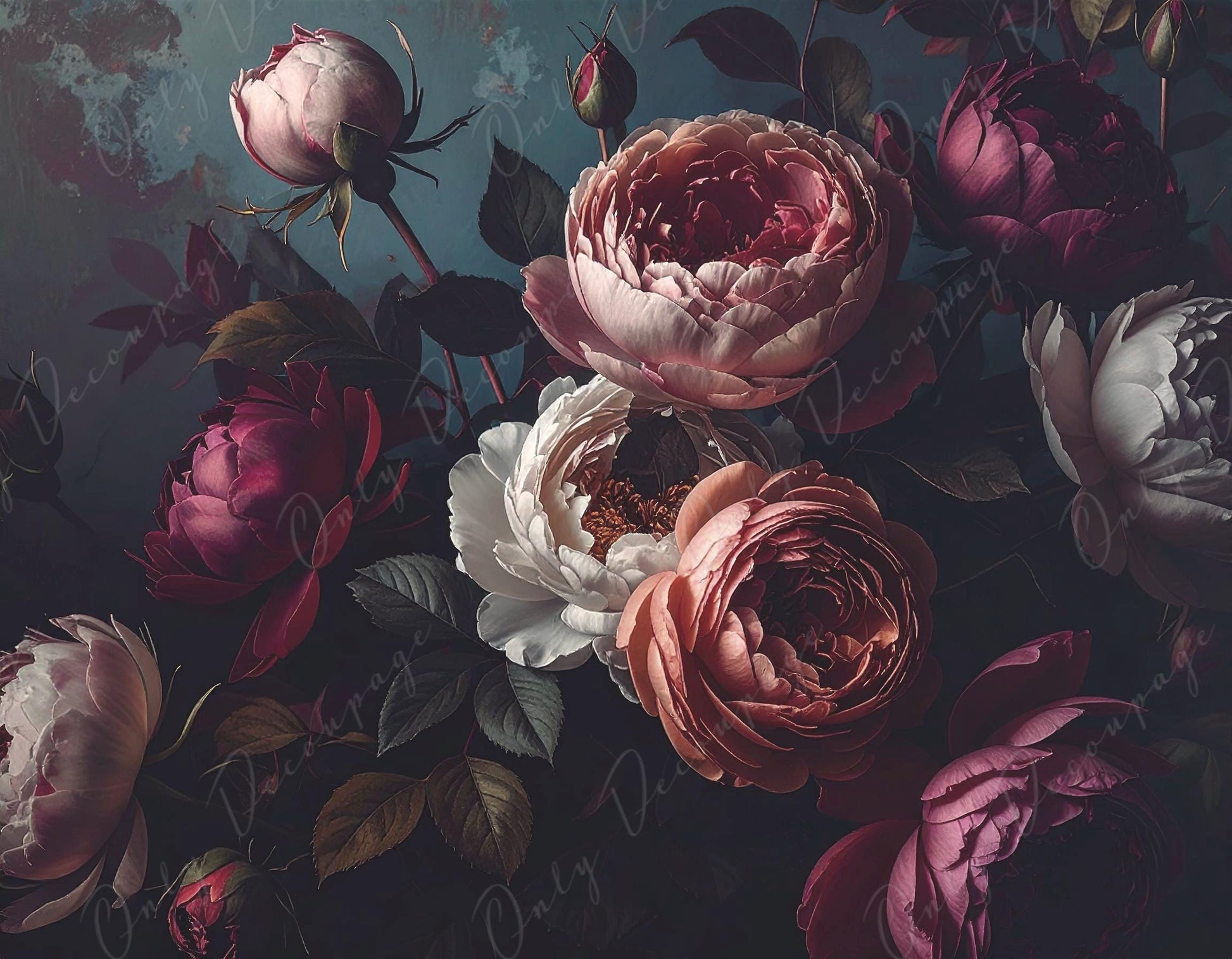 Dark Floral - Large Decoupage Paper for Furniture - 7 Size Options - Chiaroscuro - Roses