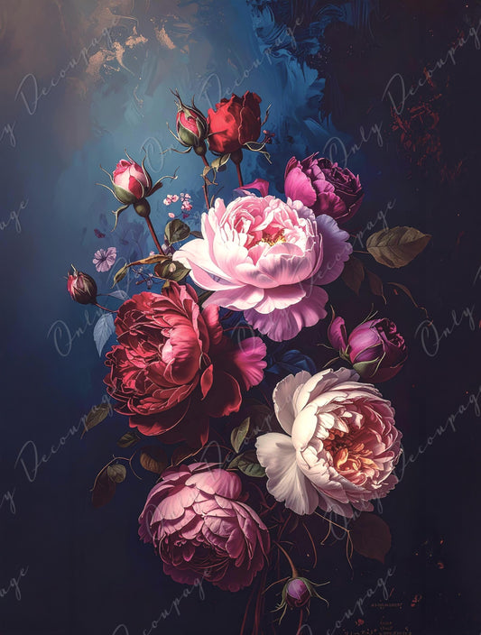 Large Decoupage Paper for Furniture - Dark Floral - 7 Size Options - Chiaroscuro - White Peony