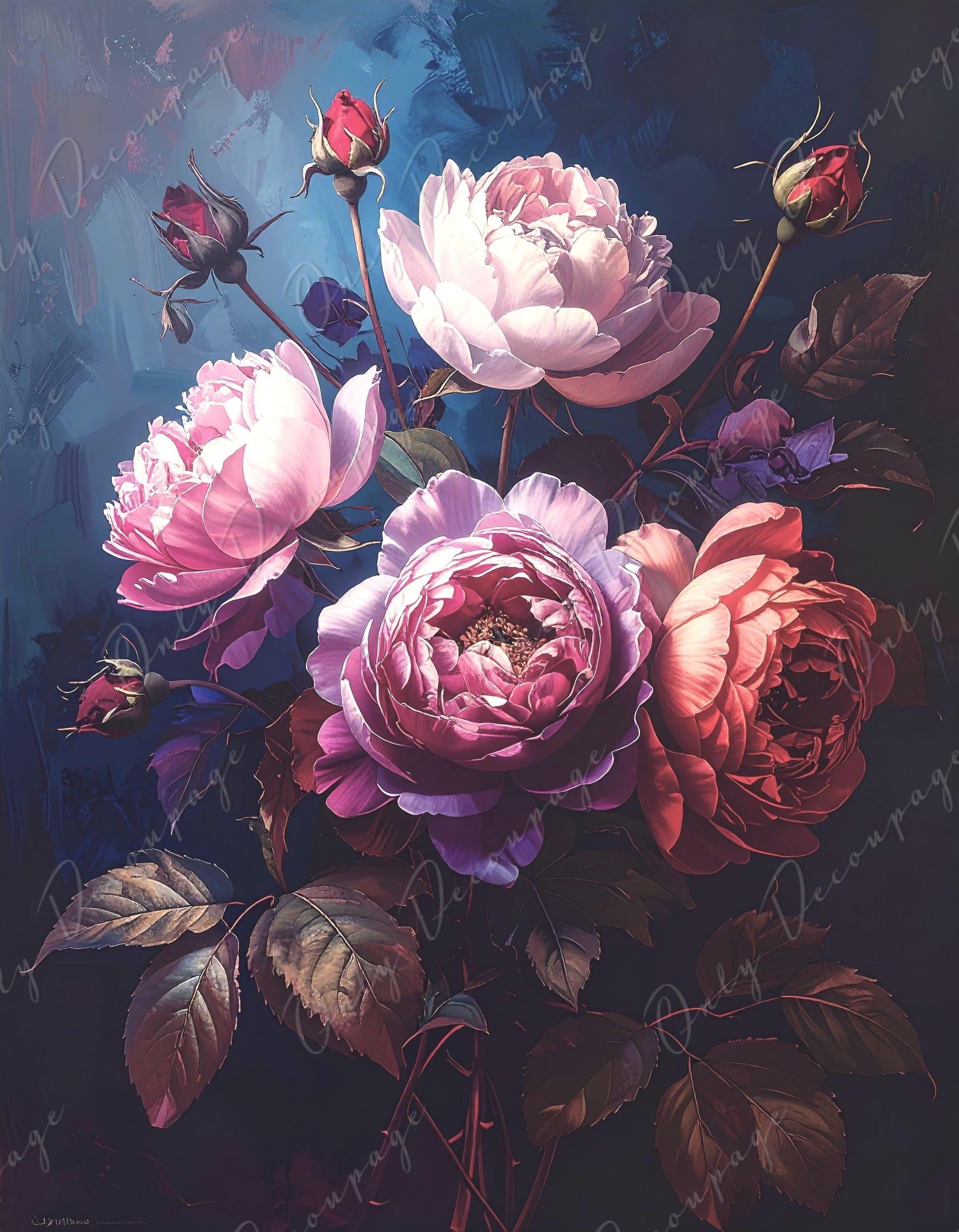 Furniture Decoupage Paper - Dark Floral - 7 Size Options - Chiaroscuro - Purple Peony