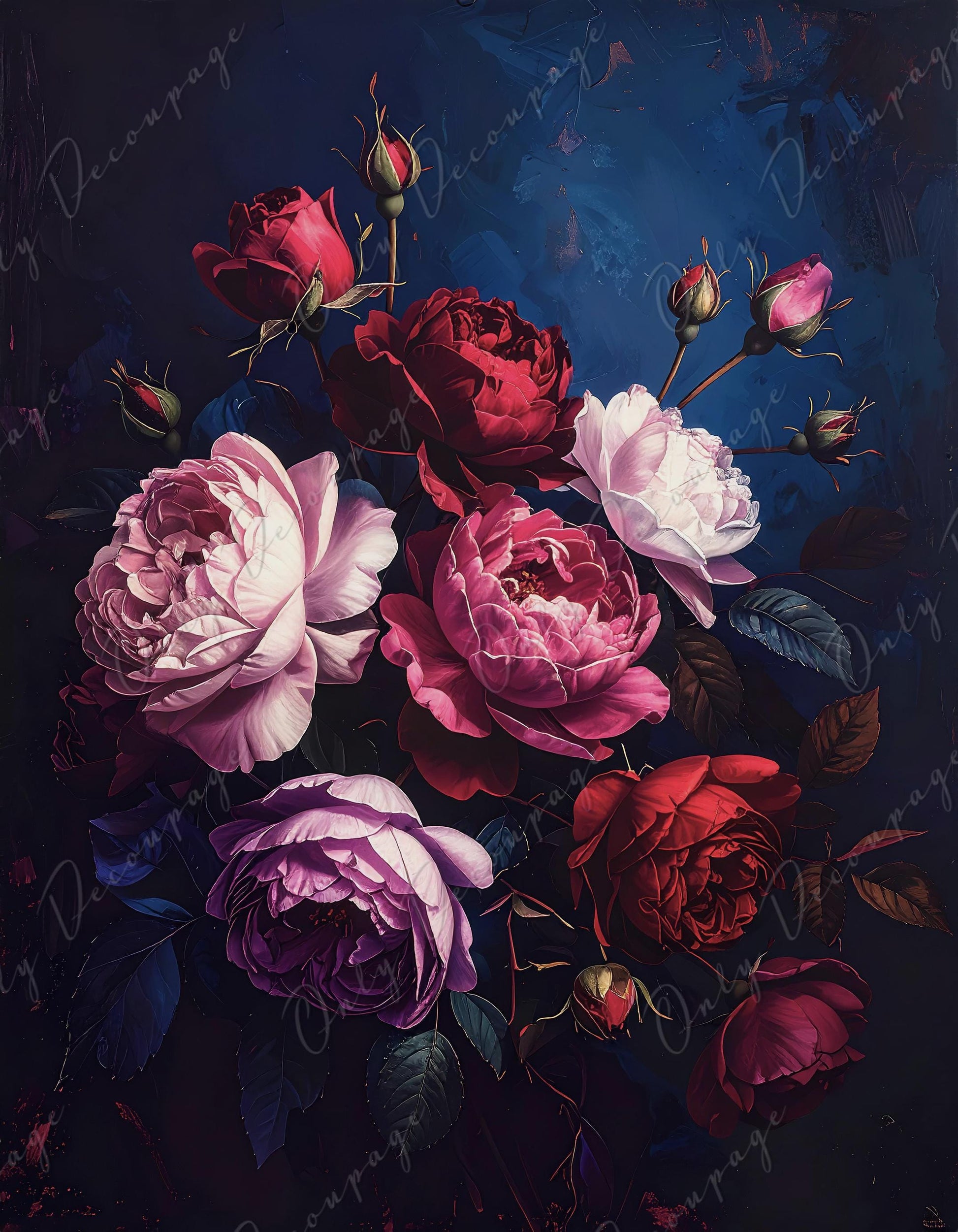 Furniture Decoupage Paper - Dark Floral - 7 Size Options - Chiaroscuro - Red Roses