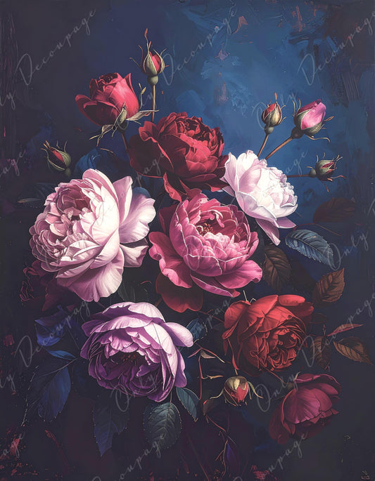Furniture Decoupage Paper - Dark Floral - 7 Size Options - Chiaroscuro - Red Roses