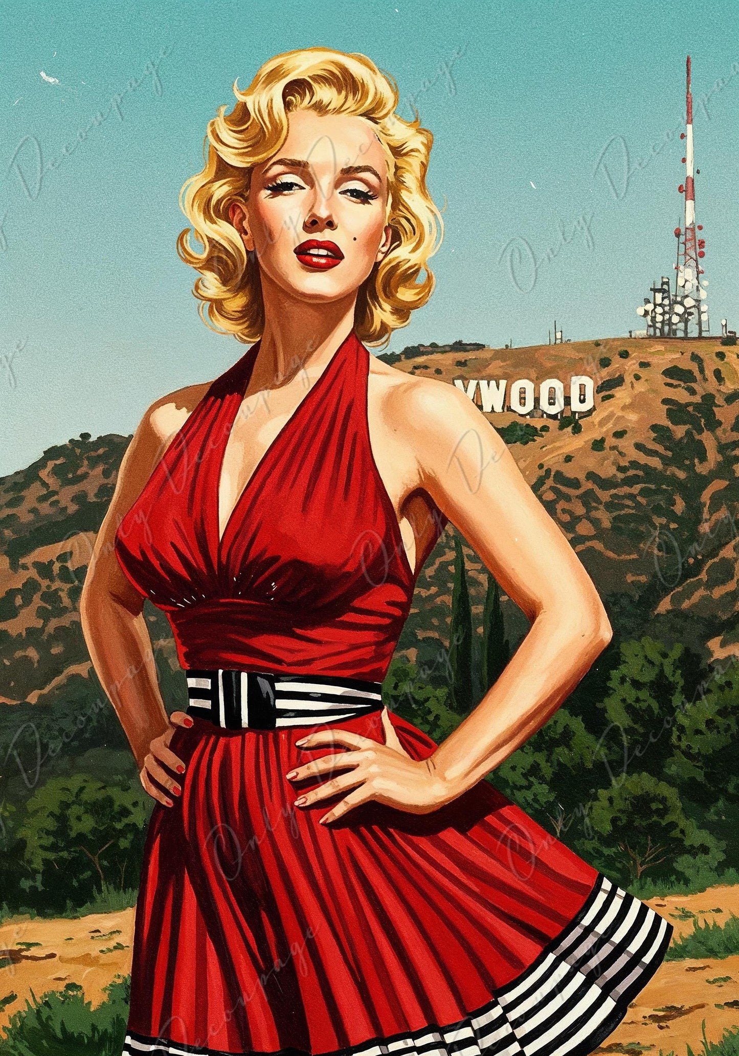Large Decoupage Paper - 7 Size Options - Marilyn Series - Rice Paper for Furniture - Red Dress - Hollywood