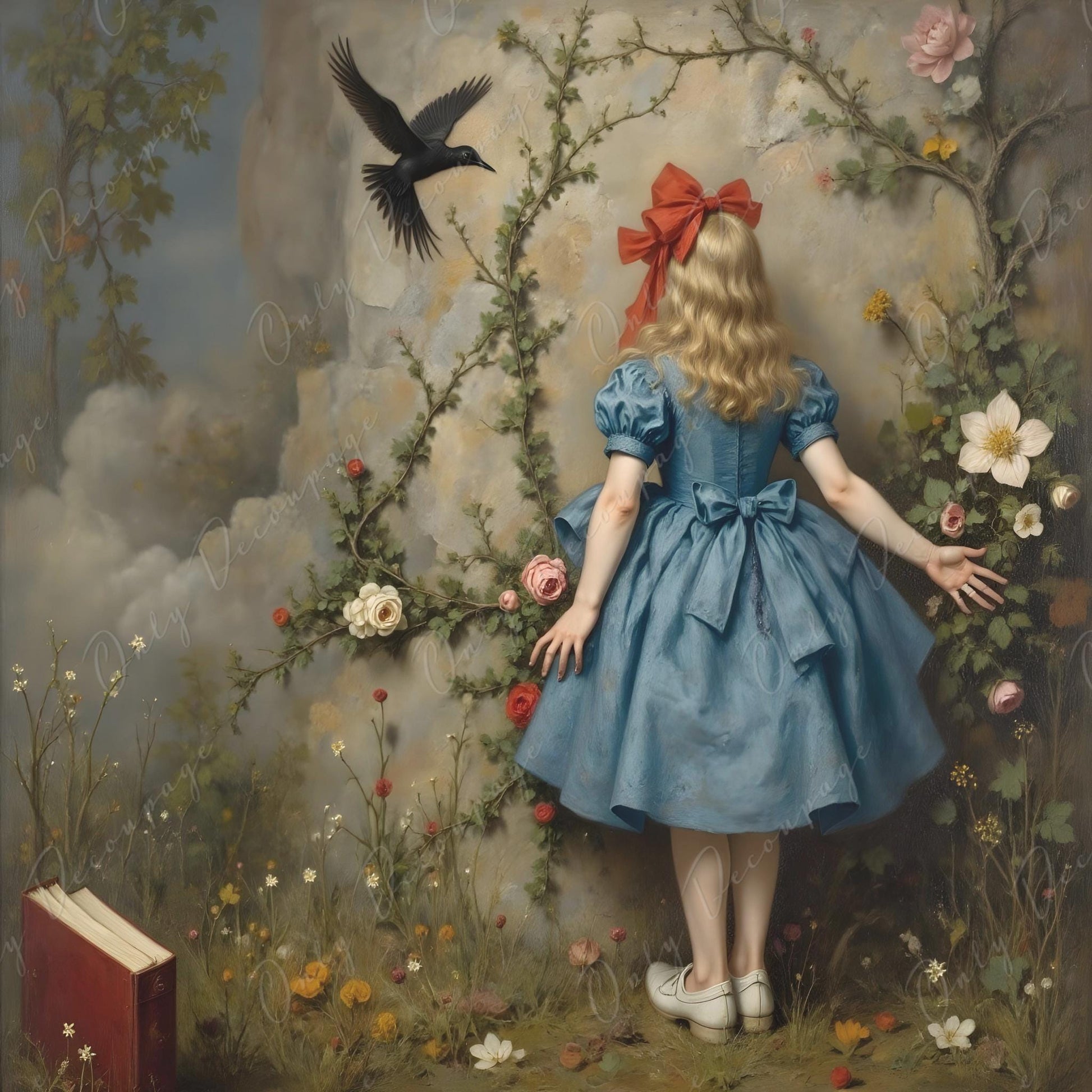 Large Decoupage Paper for Furniture - 6 Size Options - Fairytale Alice - Black Bird