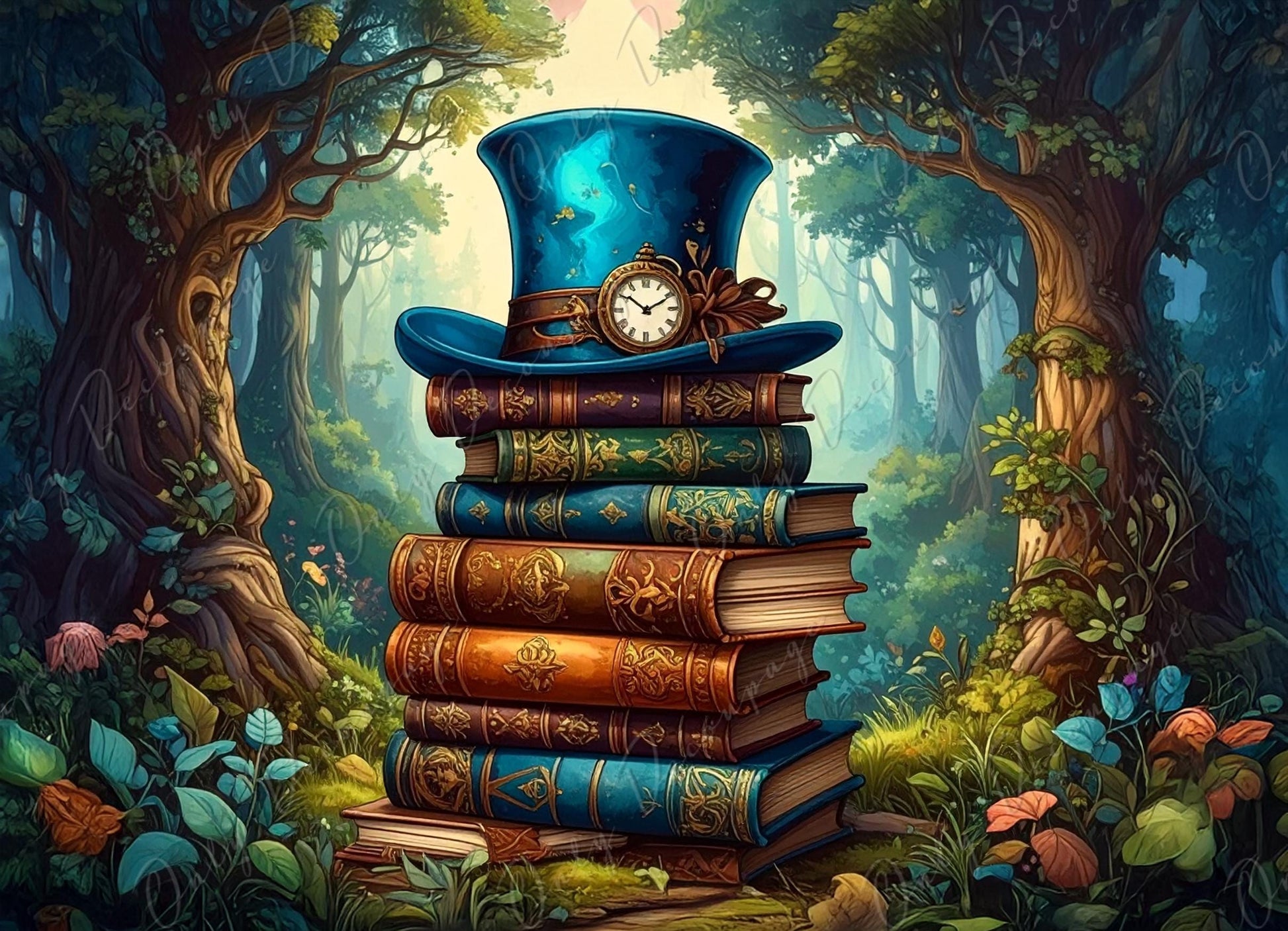 Fairytale Alice - Furniture Decoupage Paper - 7 Size Options - Green Forrest - Books - Blue Hat