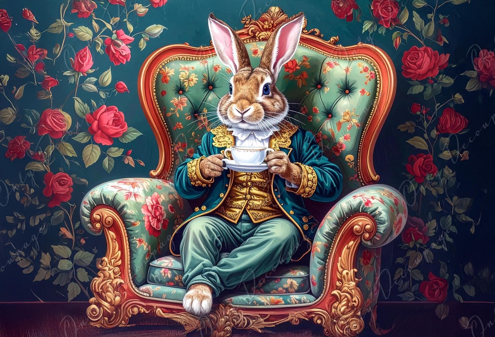 Fairytale Alice - Furniture Decoupage Paper - 7 Size Options - Red Roses - Bunny - Green Chair