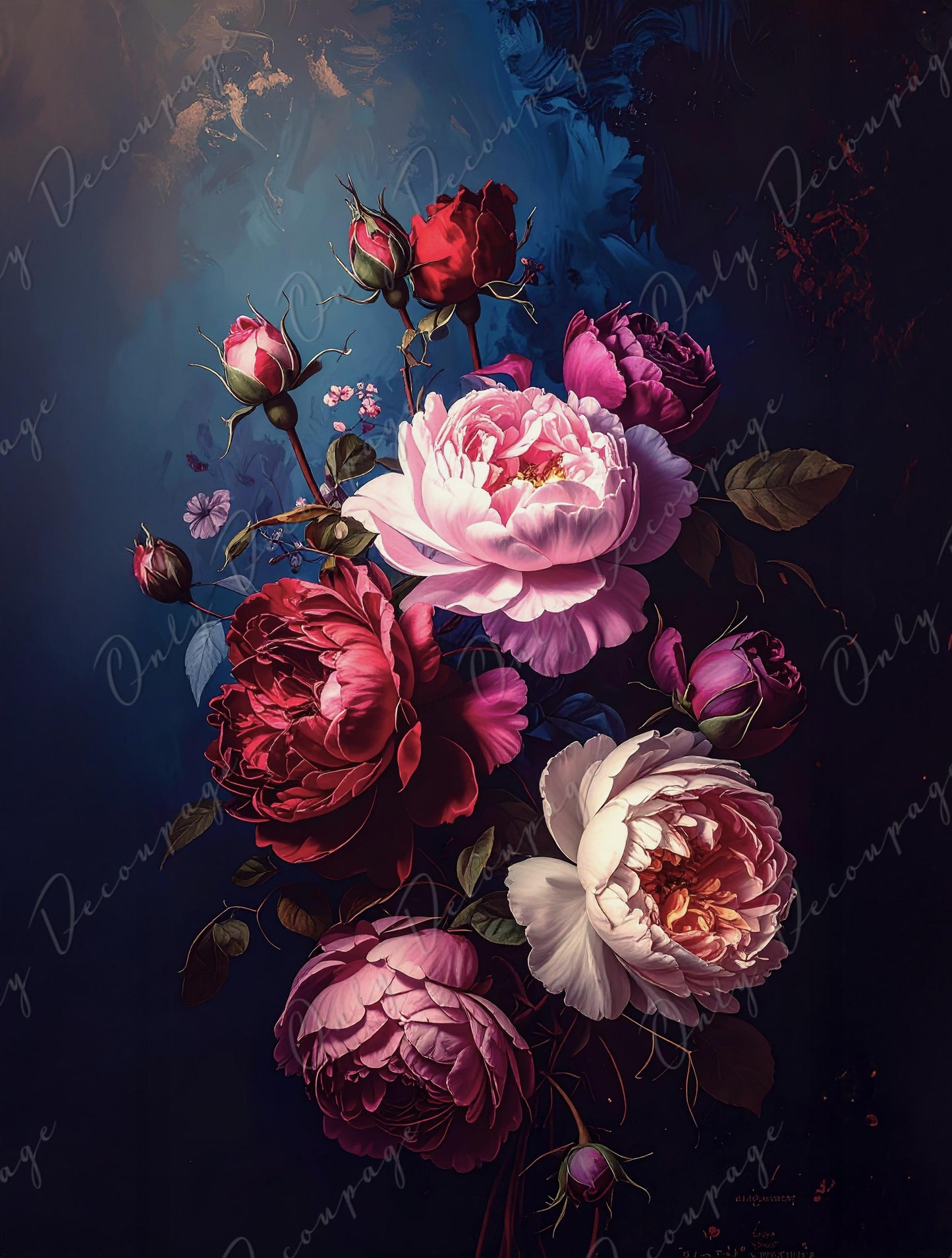 Large Decoupage Paper for Furniture - Dark Floral - 7 Size Options - Chiaroscuro - White Peony