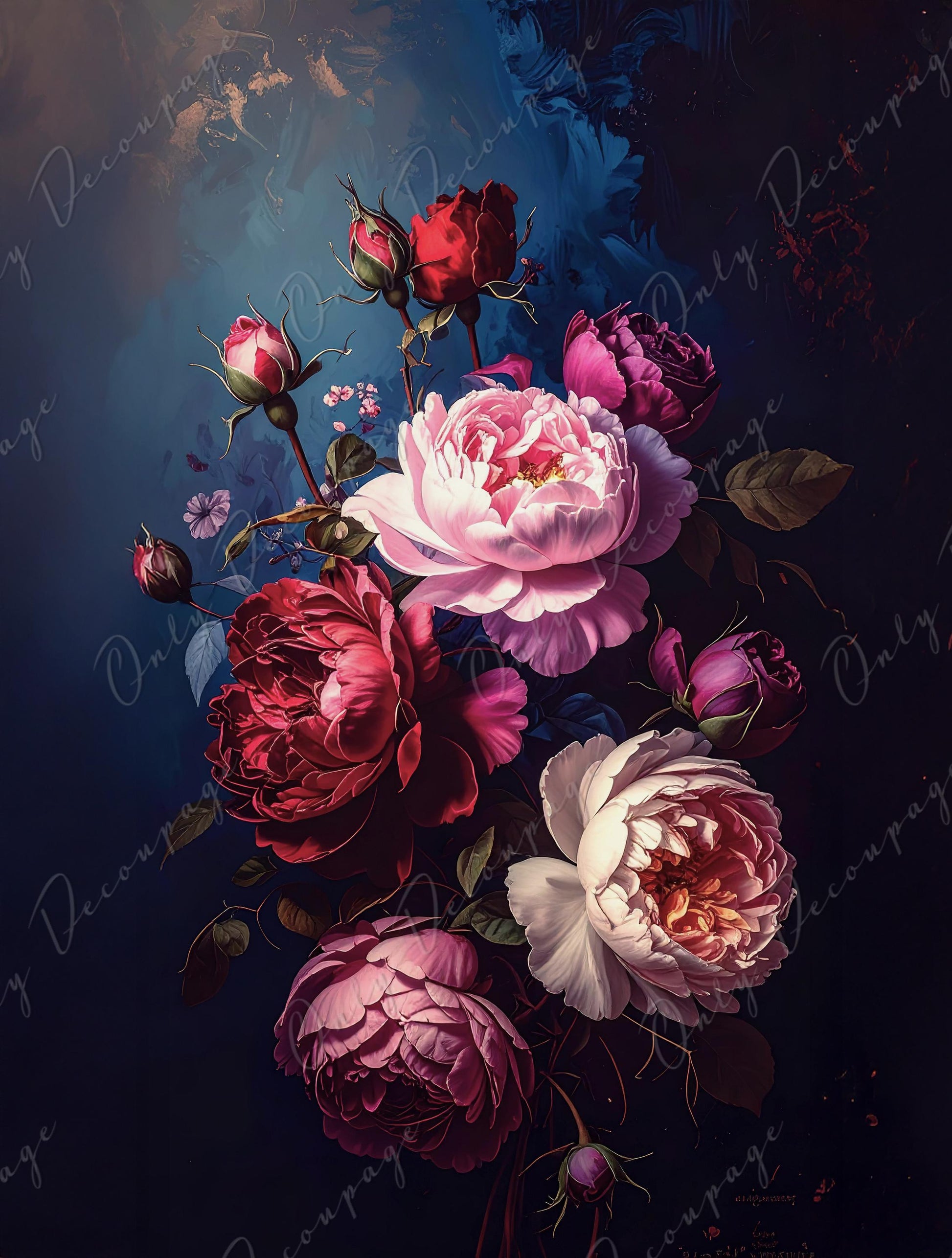 Large Decoupage Paper for Furniture - Dark Floral - 7 Size Options - Chiaroscuro - White Peony