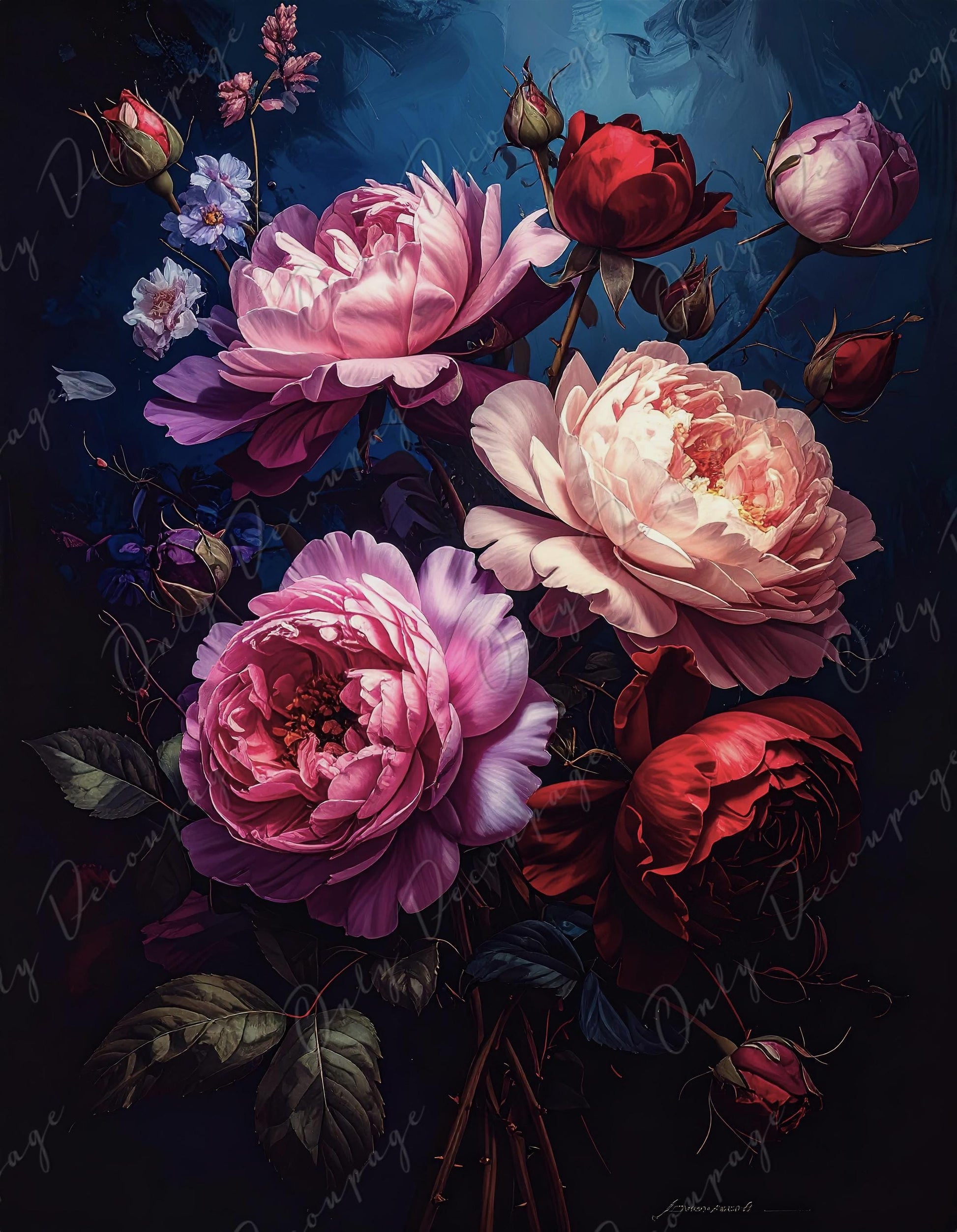 Large Decoupage Paper for Furniture - Dark Floral - 7 Size Options - Chiaroscuro - White Peony