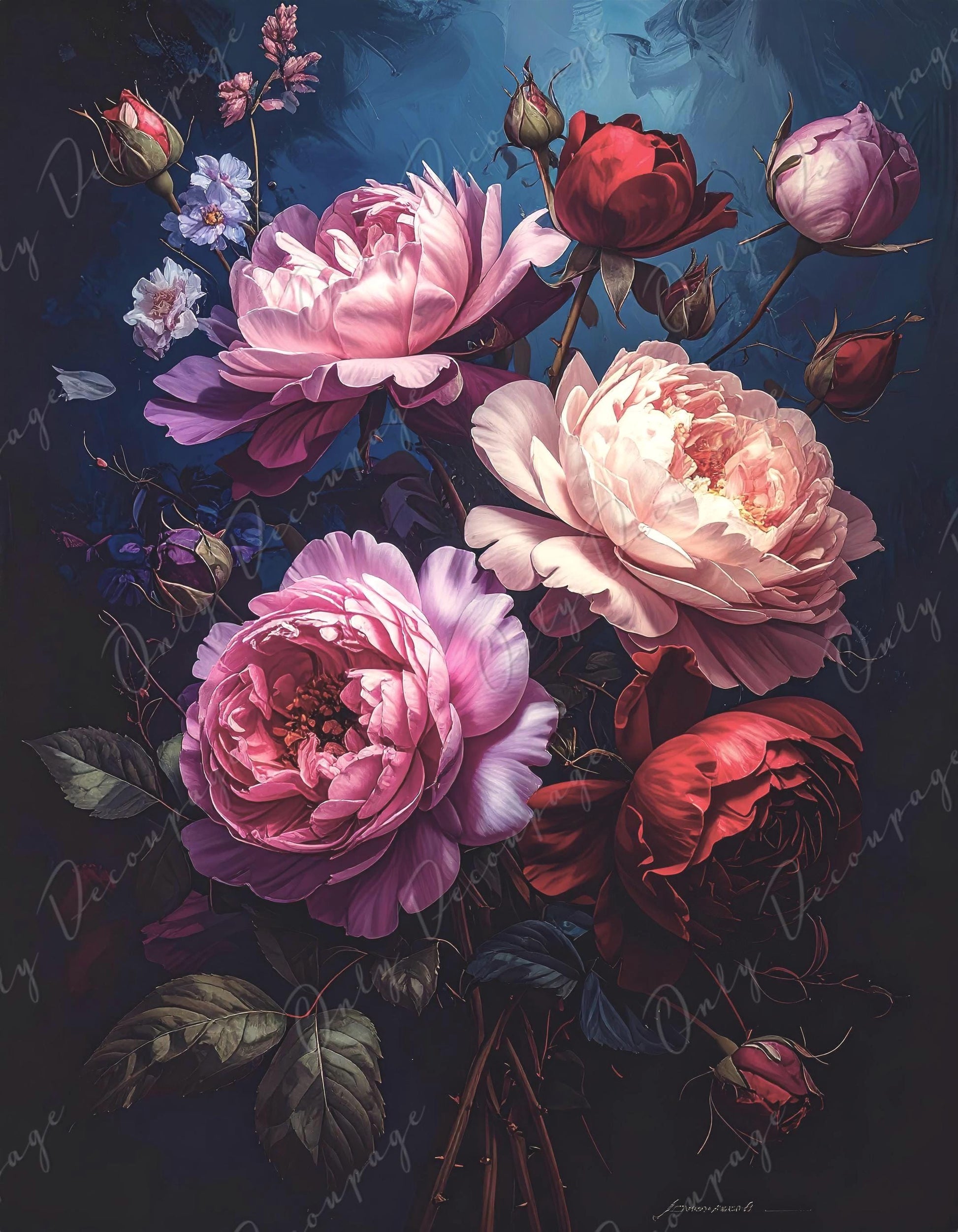 Large Decoupage Paper for Furniture - Dark Floral - 7 Size Options - Chiaroscuro - White Peony