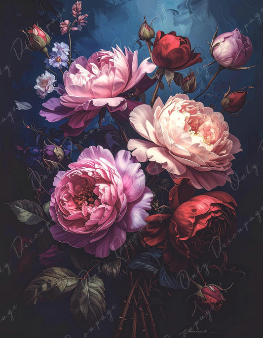 Large Decoupage Paper for Furniture - Dark Floral - 7 Size Options - Chiaroscuro - White Peony
