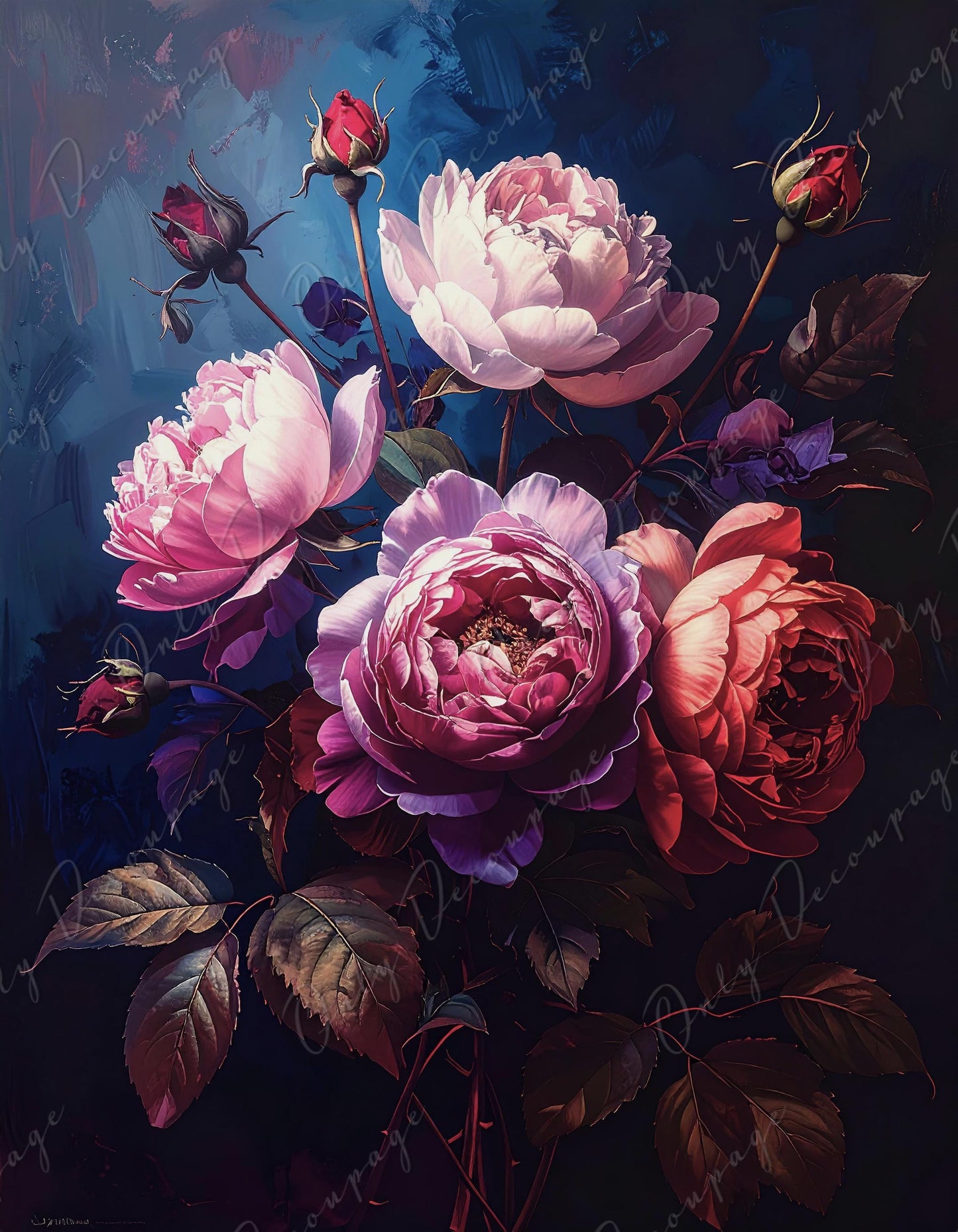 Furniture Decoupage Paper - Dark Floral - 7 Size Options - Chiaroscuro - Purple Peony