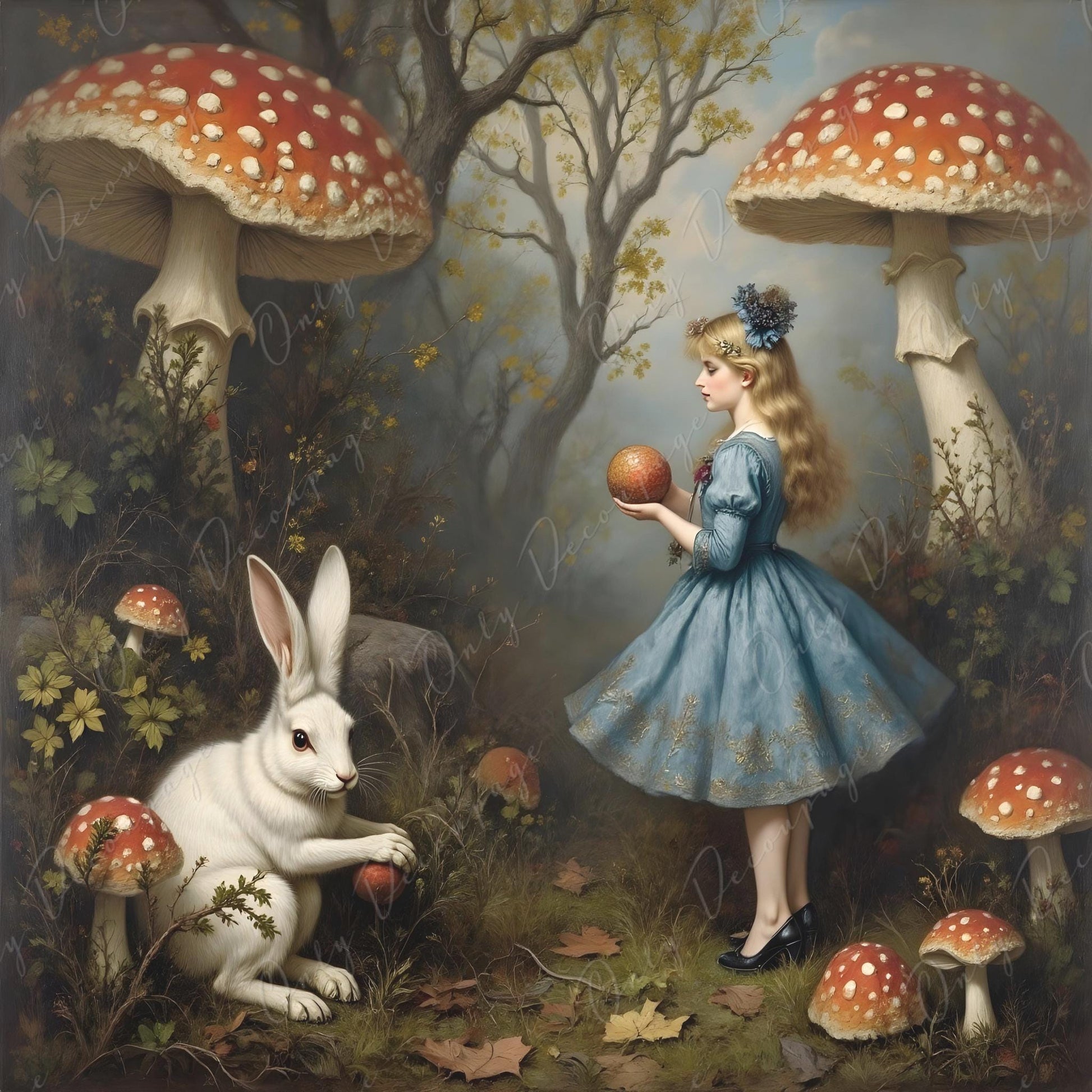 Large Decoupage Paper for Furniture - 6 Size Options - Fairytale Alice - Forrest - White Rabbit