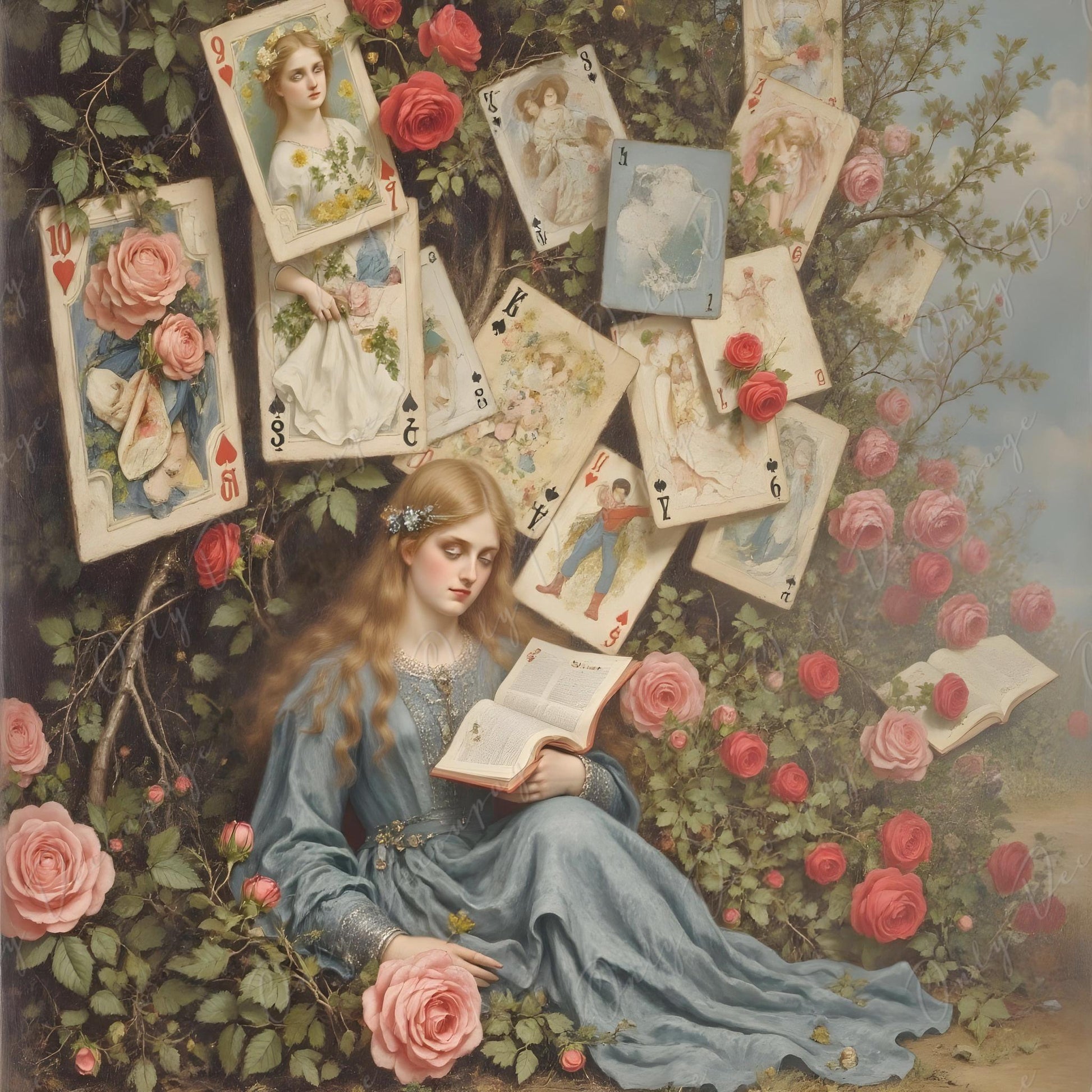 Large Decoupage Paper for Furniture - 6 Size Options - Fairytale Alice - Red Roses