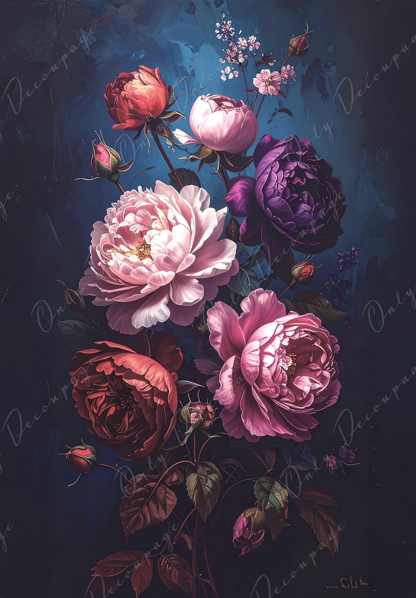 Furniture Decoupage Paper - Dark Floral - 7 Size Options - Chiaroscuro - Purple Peony